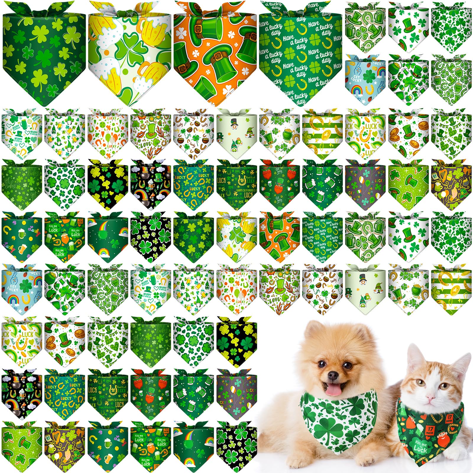 Reginary 72 Packs St. Patricks Day Dog Bandanas Bulk Shamrock St. Patricks Day Green Soft Dog Scarf Adjustable Pet Puppy Bibs 