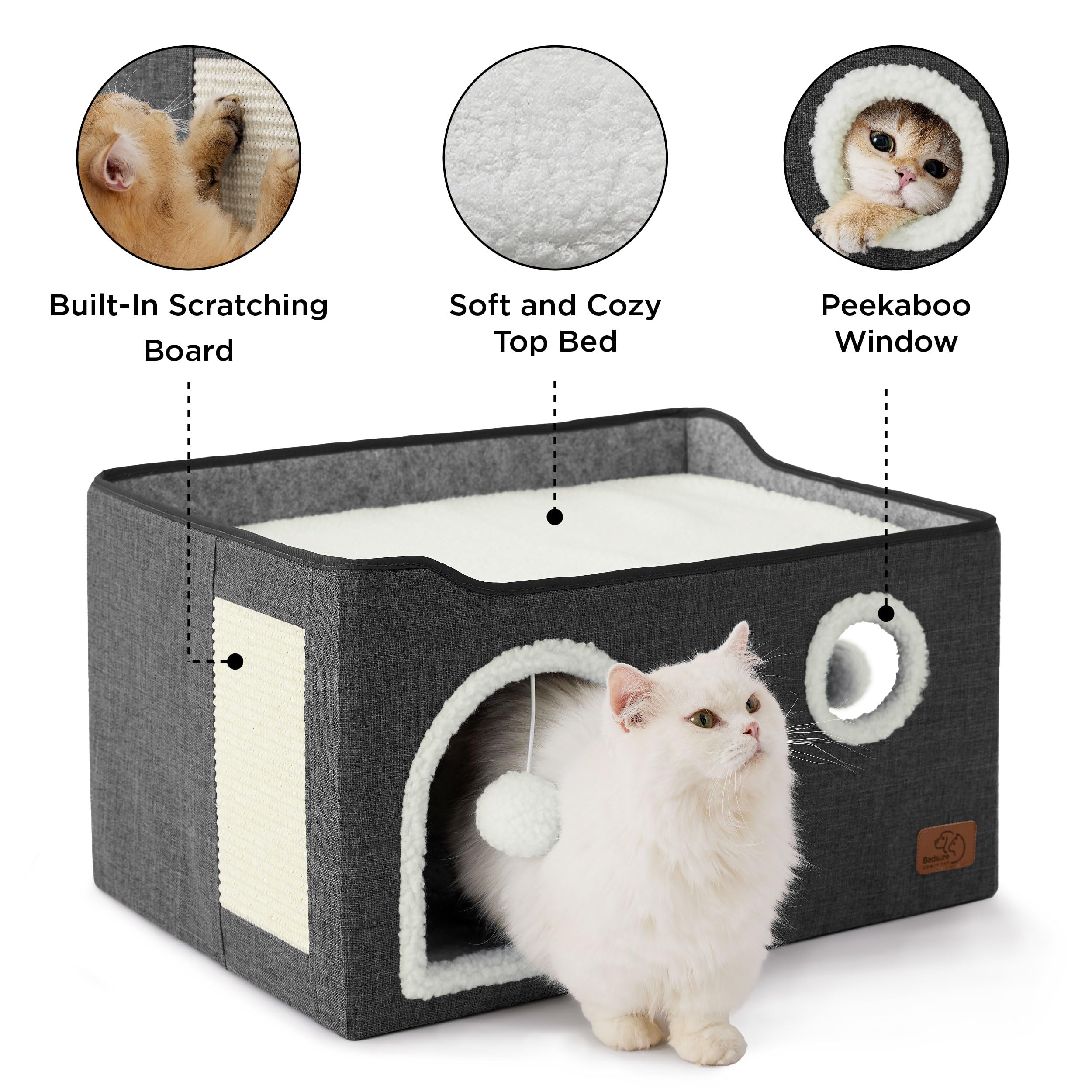 Bedsure Extra-Wide Cat House For Indoor Cats - Large Cat Cave For Pet Cat House With Fluffy Ball Hanging And Scratch Pad, Foldable Cat Hideaway For Multi Cats, 23.6X16.9X13 Inches, Dark Grey