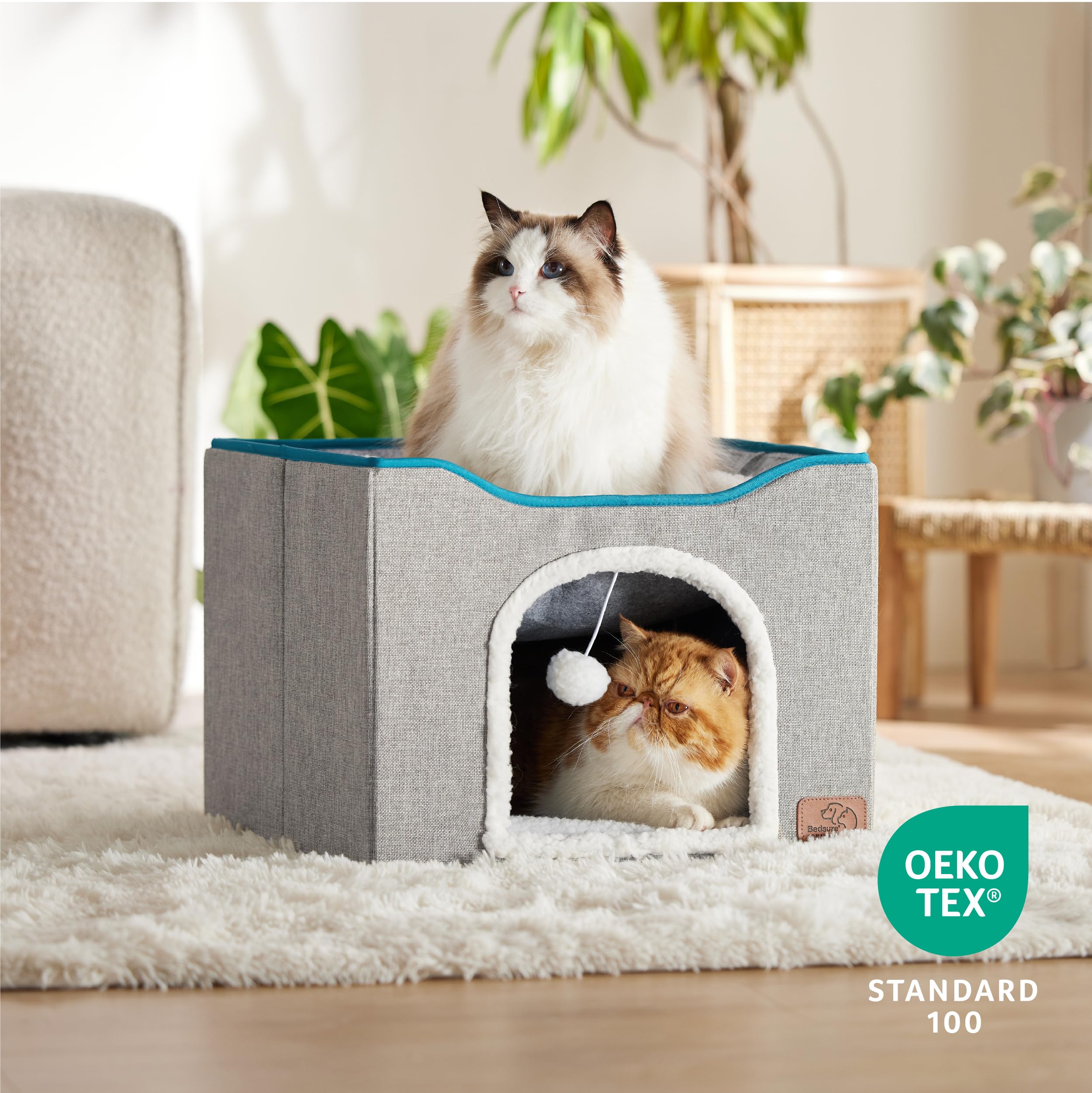 Bedsure Cat Beds For Indoor Cats - Large Cat Cave For Pet Cat House With Fluffy Ball Hanging And Scratch Pad, Foldable Cat Hidea