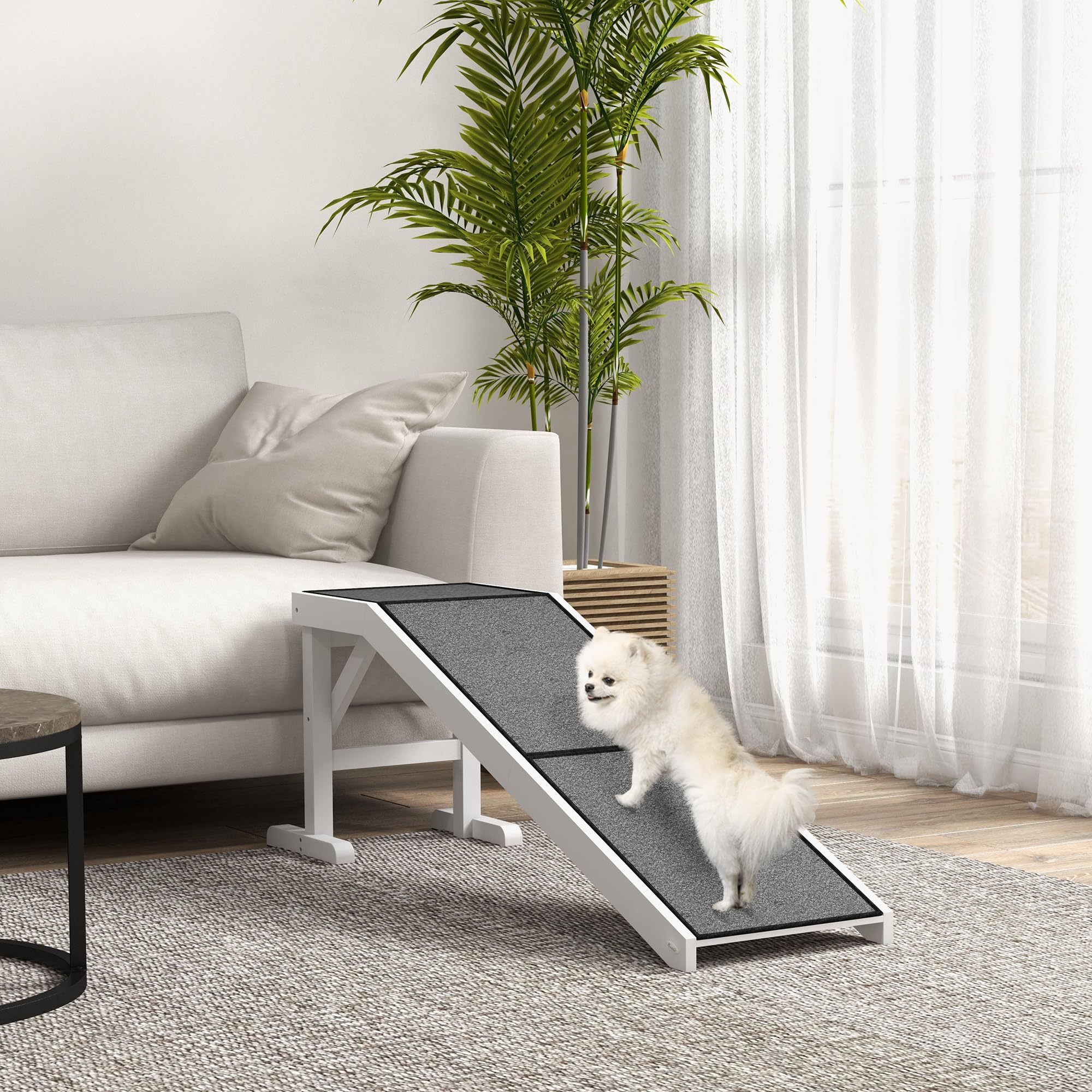 Pawhut Dog Ramp For Bed, Pet Ramp For Dogs With Non-Slip Carpet And Top Platform, 60'' X 16'' X 20'', White