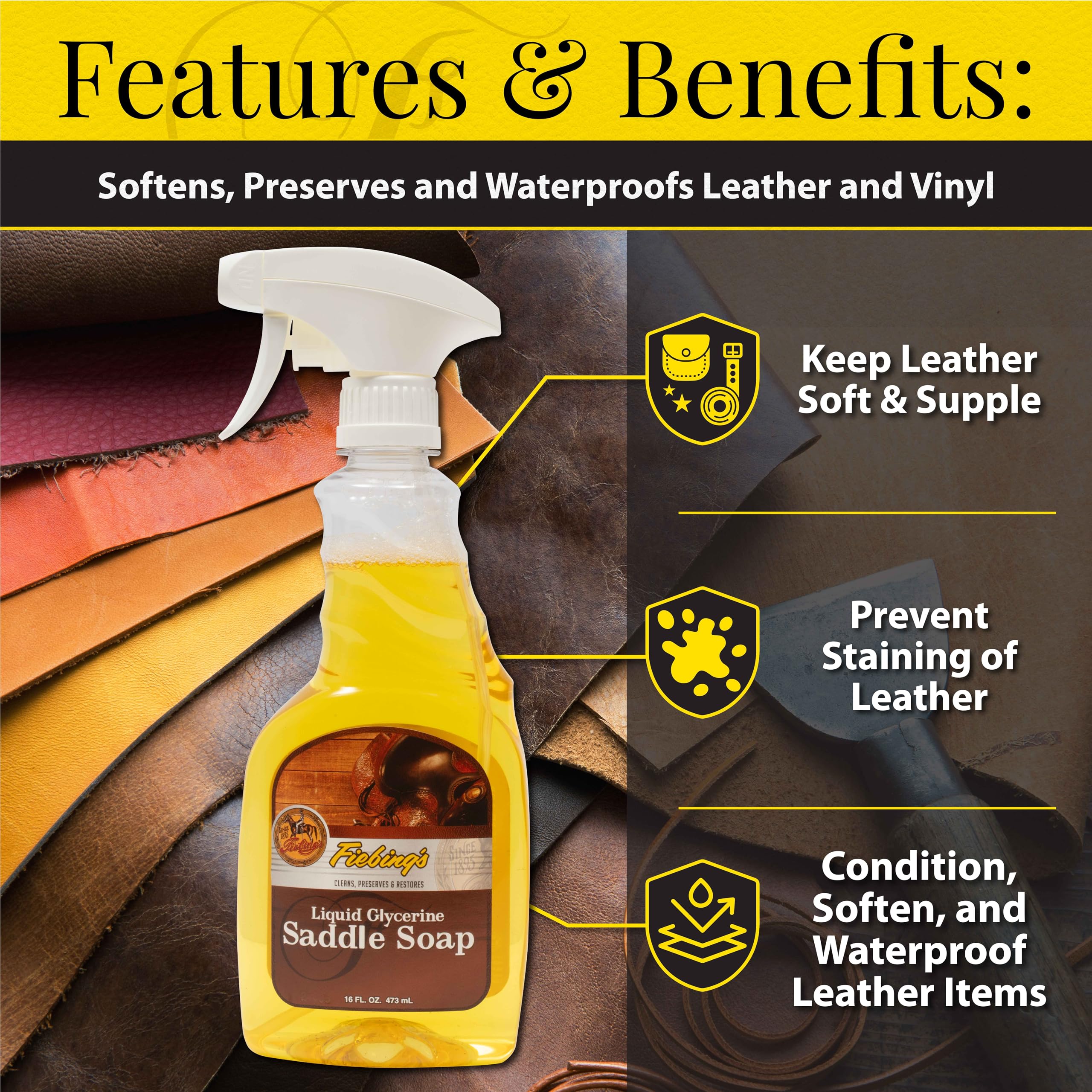 Fiebing's Tack Cleaner - Liquid Glycerine Saddle Soap for Leather (16 oz) - Smooth Leather Cleaner & Conditioner to Soften, Prot