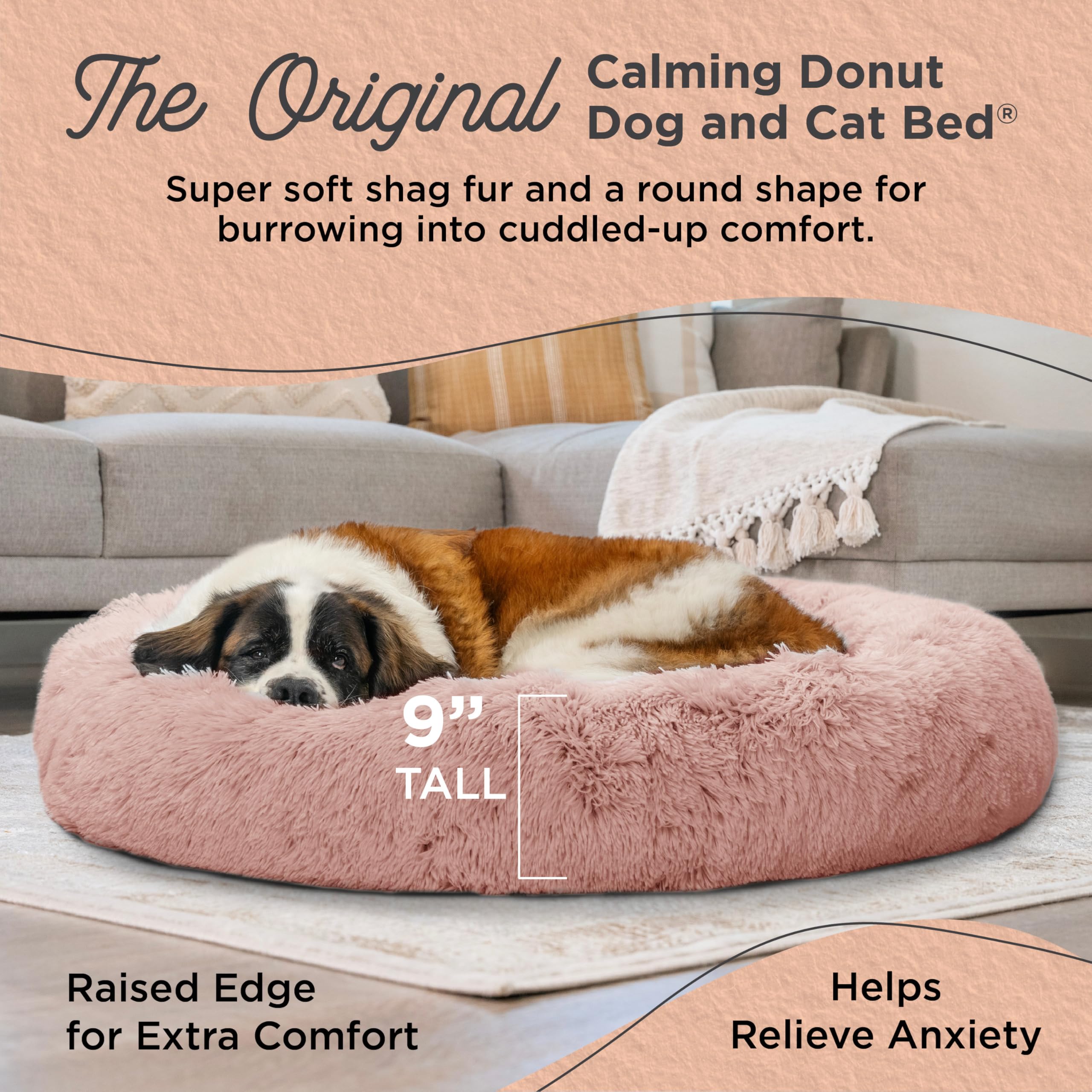 Best Friends By Sheri The Original Calming Donut Dog And Cat Bed In Shag Fur, Dusty Rose, Extra Large, 45X45