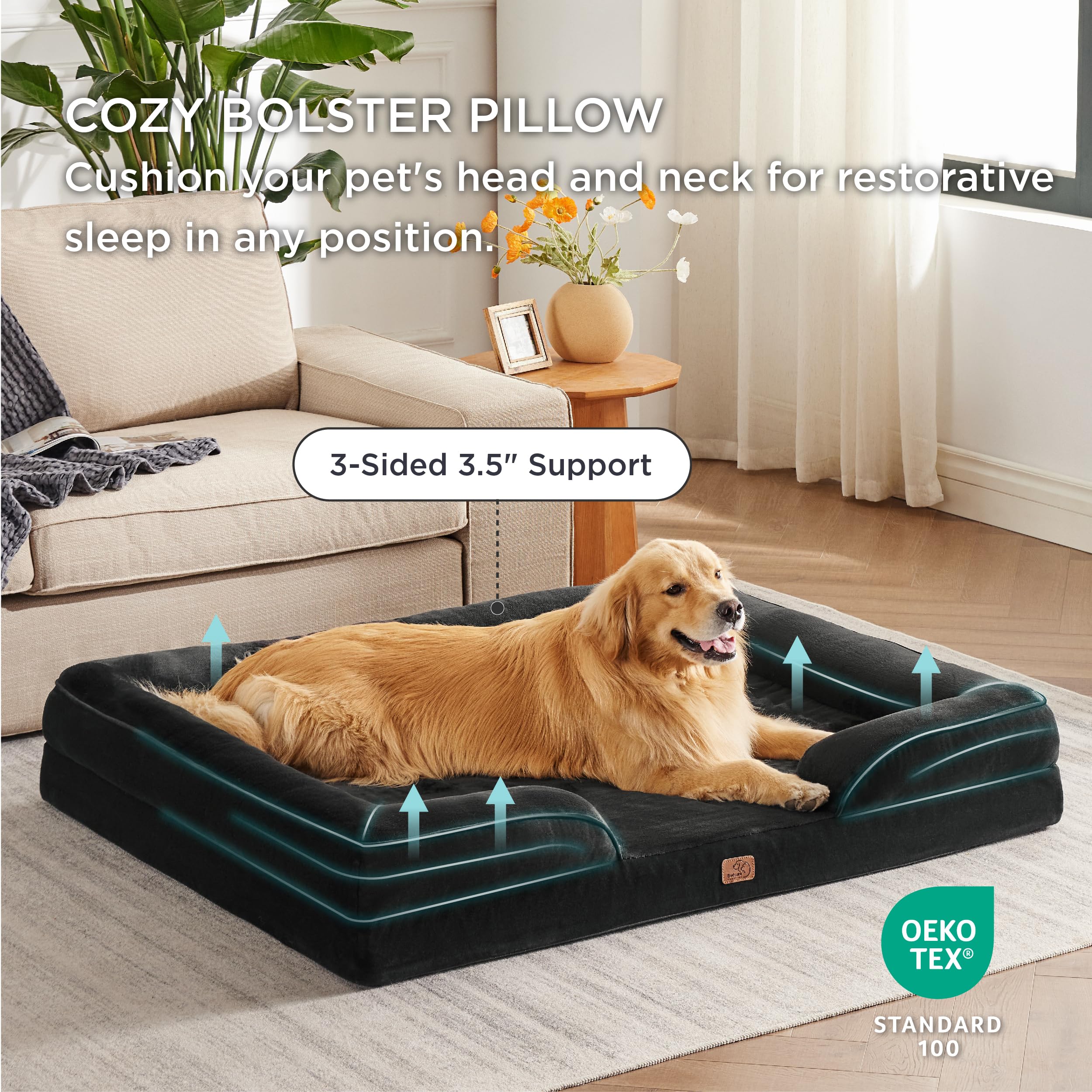 Bedsure XXL Orthopedic Dog Bed - Washable Foam Couch for Giant Dogs, 53"x42"x8", Black, Waterproof, Nonskid Bottom