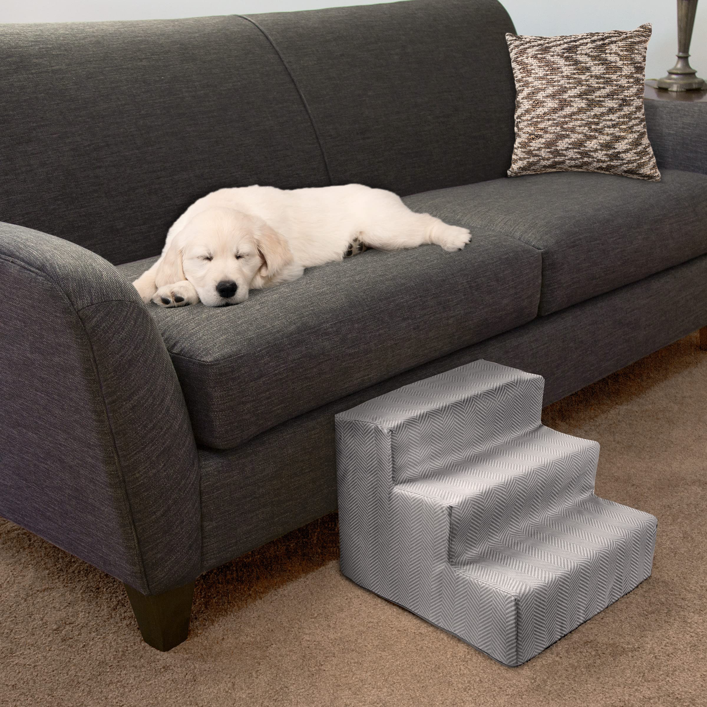 3-Step Pet Stairs - Nonslip Foam Dog and Cat Steps with Removable Zippered Microfiber Cover - 2-Tone Design for Home or Vehicle