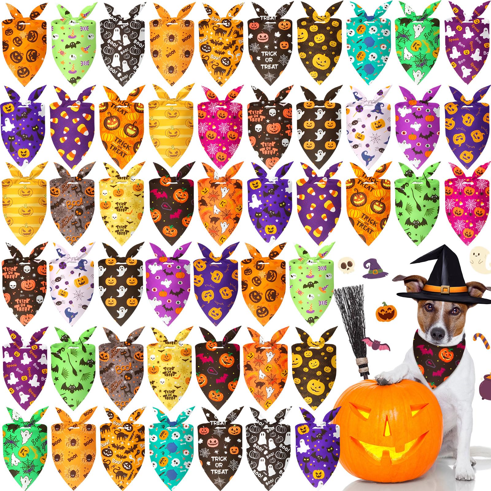 Preboun 50 Pcs Halloween Dog Bandanas Bulk Pumpkin Ghost Bandanas for Dogs Colorful Triangle Kerchief Bibs Scarf Set for Pet Cos