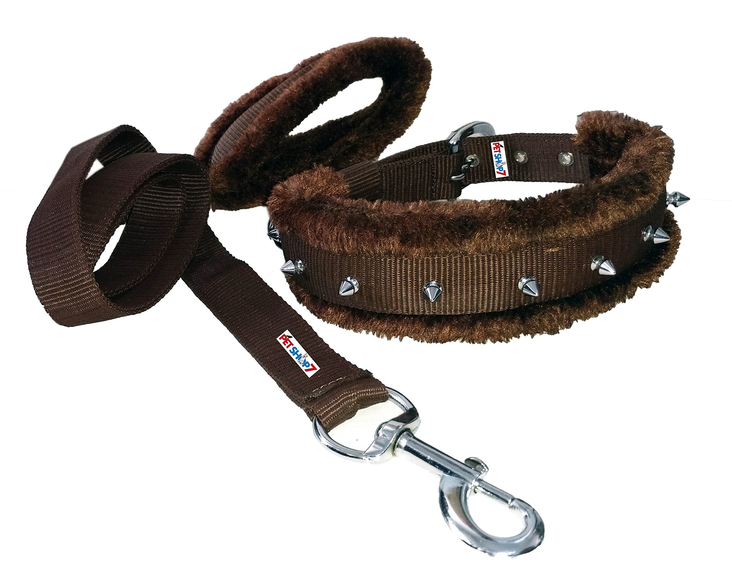 Petshop7 Nylon Fur Padded Spike Dog Collar & Dog Leash  Large (Adjustable Neck Size : 1620Inch) Brown