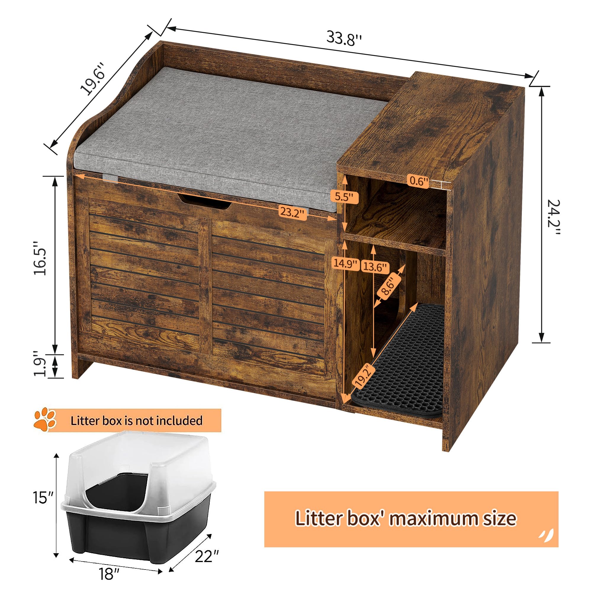 Idealhouse Cat Litter Box Enclosures With Top Opening With Cushion, Cat Litter Box Furniture Hidden, Cat House, Privacy Cat Litt