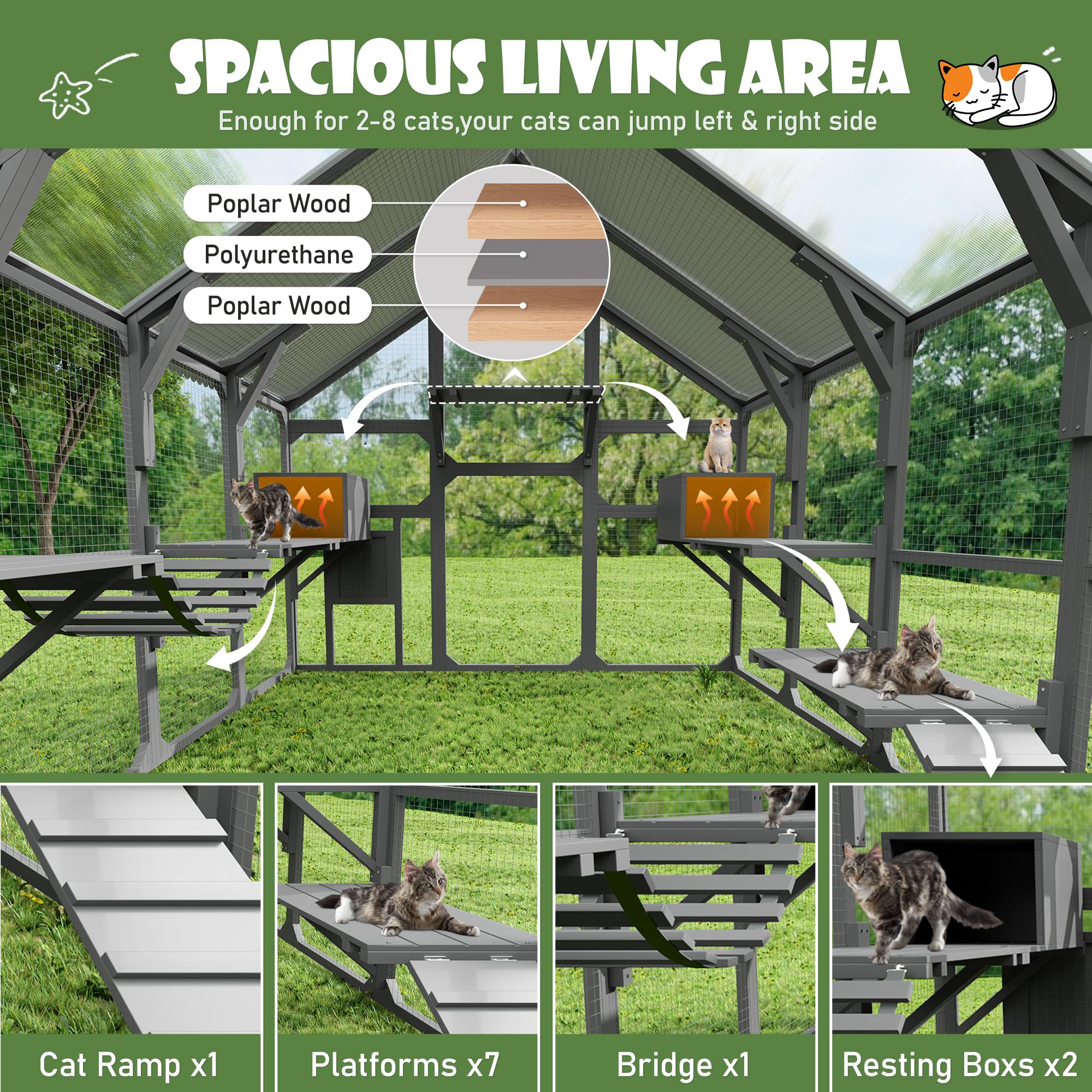 HELLYMOON 50ft Large Catio Outdoor Cat Enclosure, Solid Wood Extra Large Outdoor Cat Enclosure Kits with Waterproof Cover & Sun