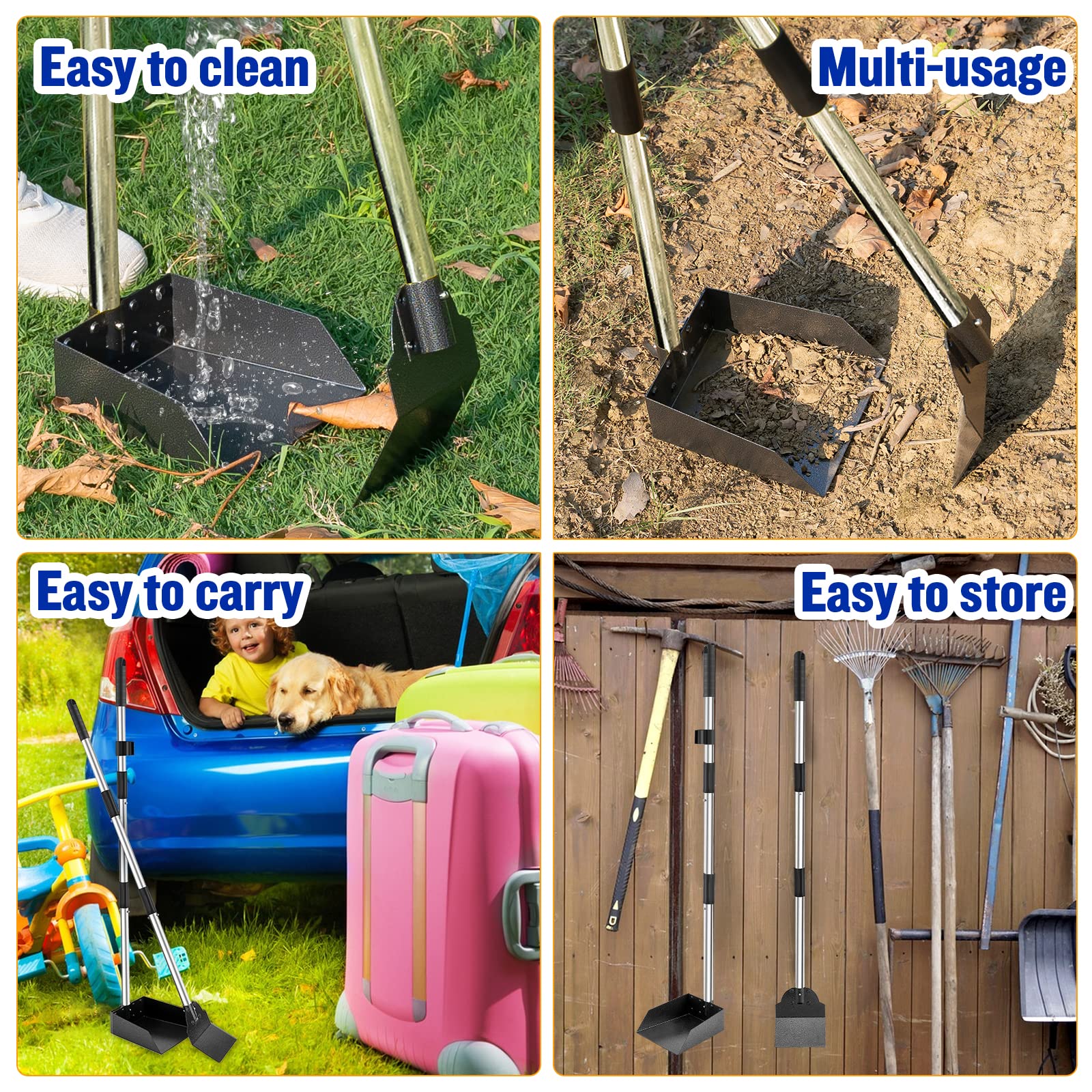 Dog Pooper Scooper,Tray And Spade Set Poop Scooper For Dogs, Adjustable Long Handle Metal Pooper Scooper With Bin For Pet Waste Removal, No Bending Clean Up For Medium And Large Dogs