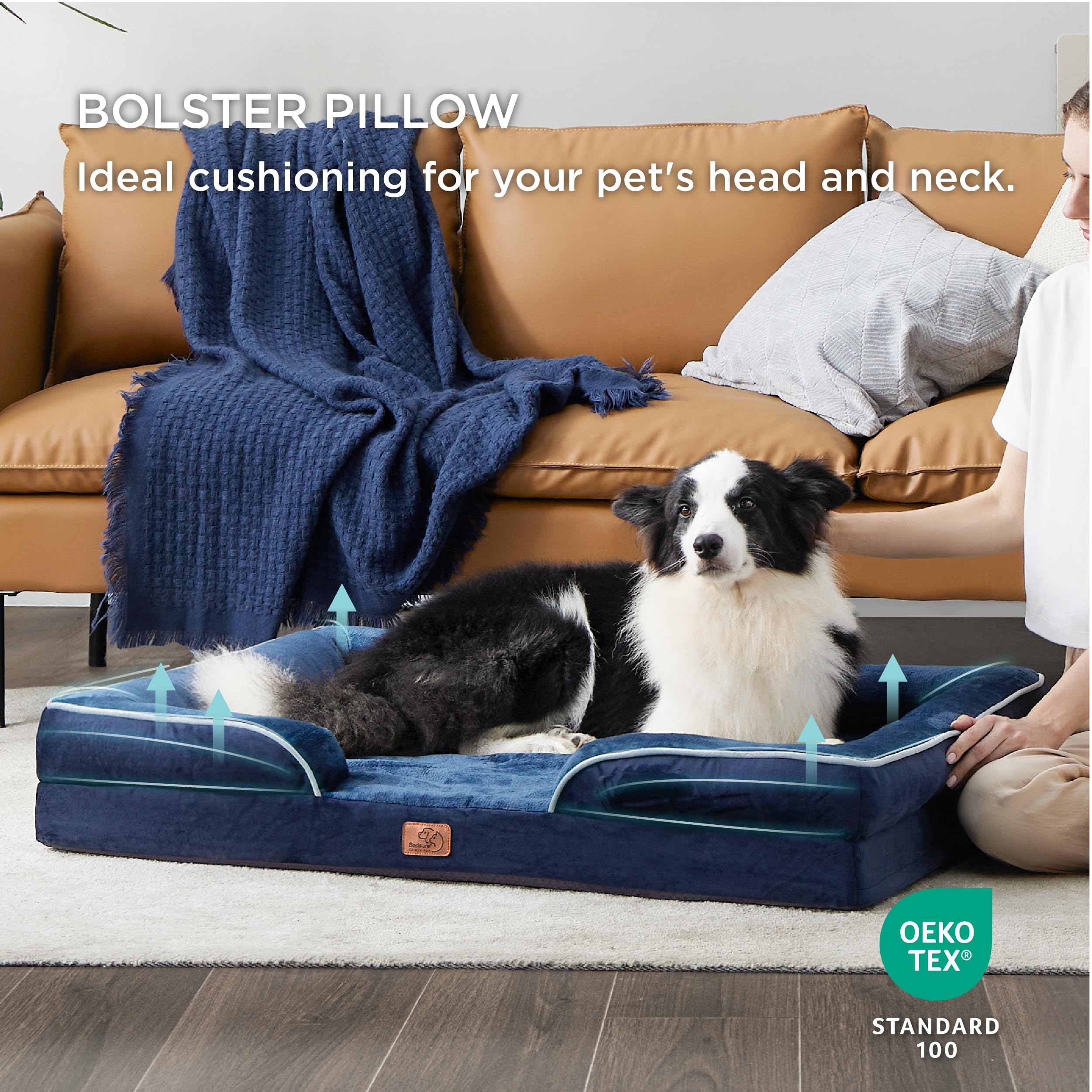 Bedsure Orthopedic Dog Bed - Large Washable Foam Pet Couch, 38"x28"x6.5", Blue Navy, Waterproof, Nonskid Bottom
