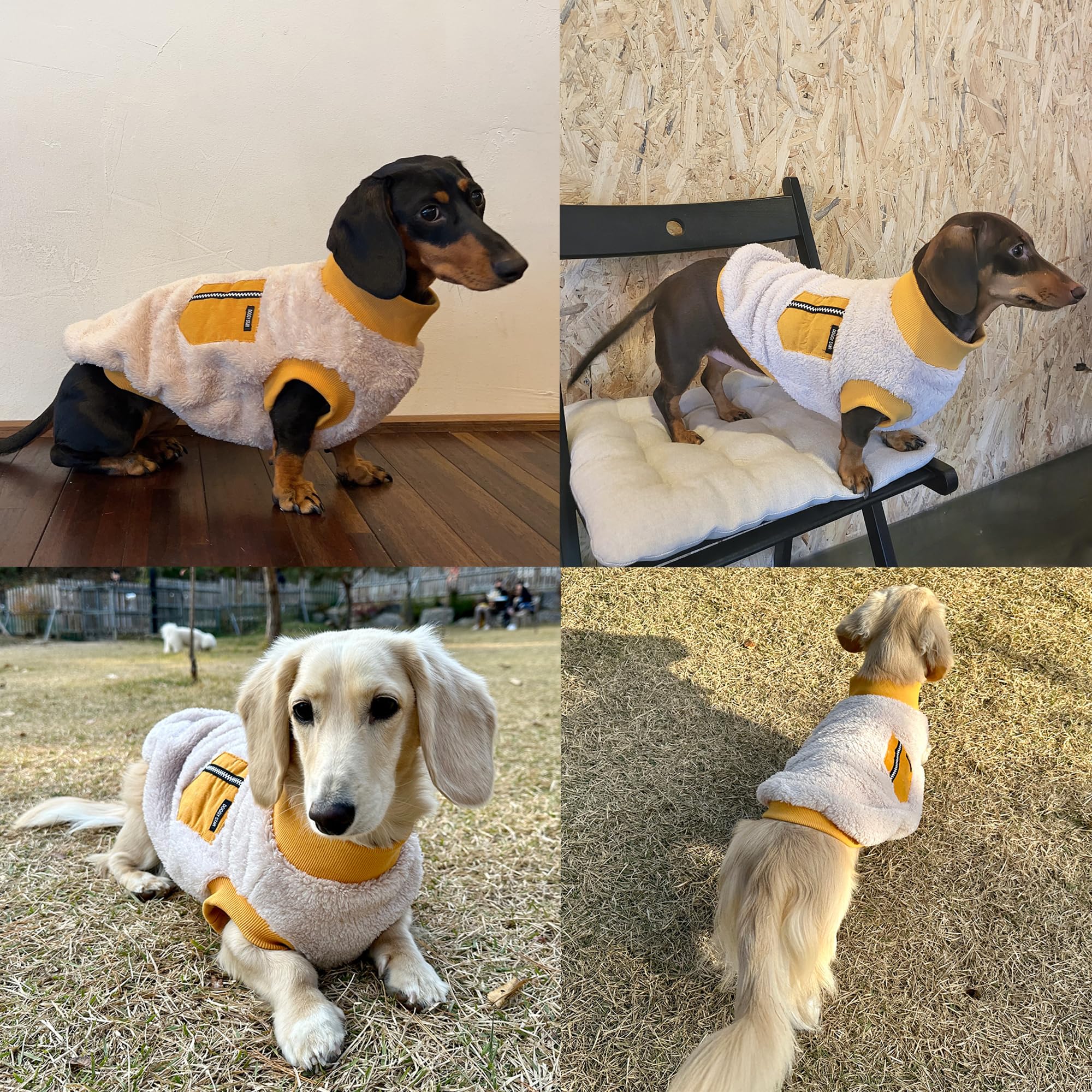 D Doggy Star Dachshund Sweater For Dogs Warm Fleece Clothes Winter Coat (M,Mustard Pocket)