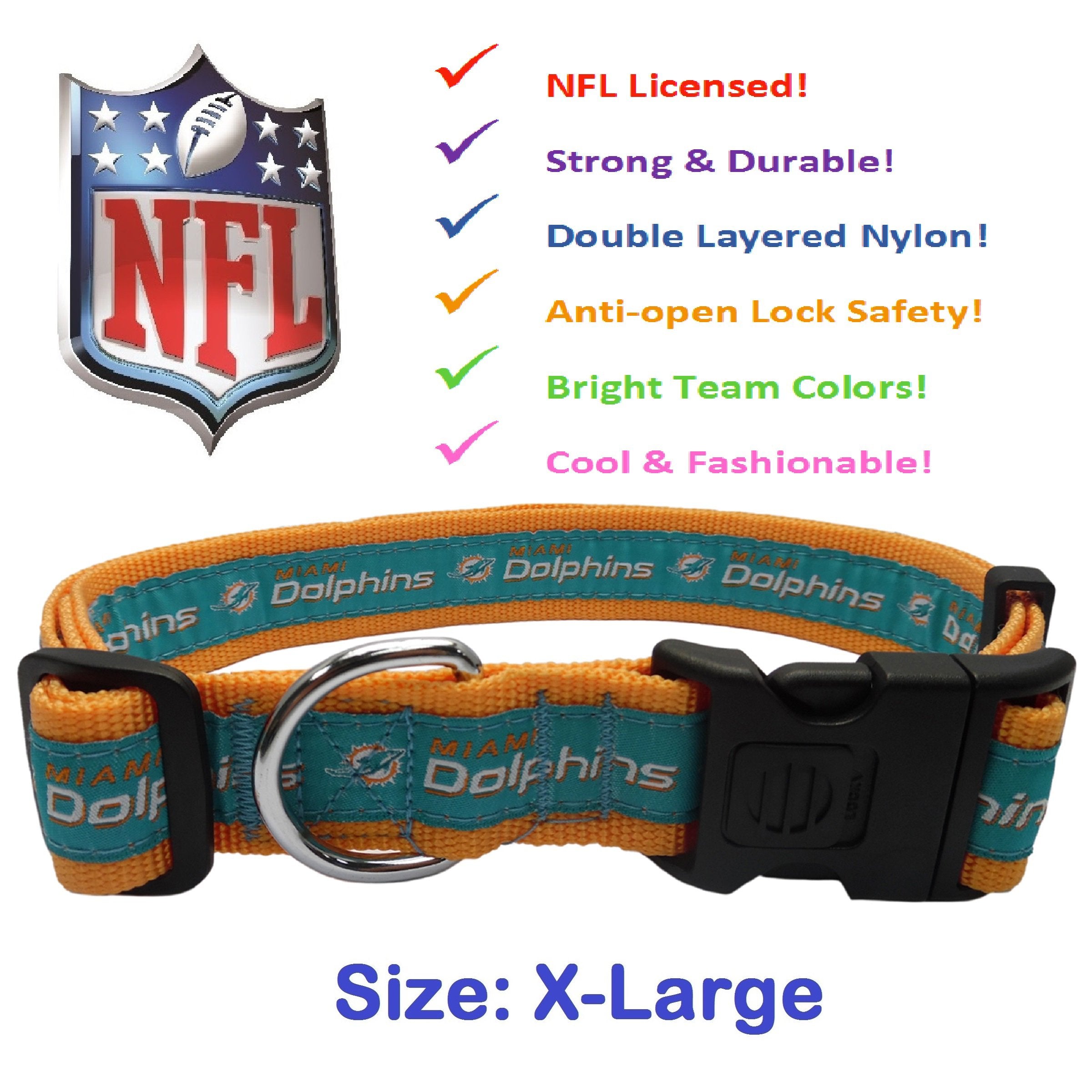 Pets First NFL Miami Dolphins Licensed PET COLLAR, Extra Large - Heavy-Duty, Strong, and Durable Dog Collar. Available in 31 Foo