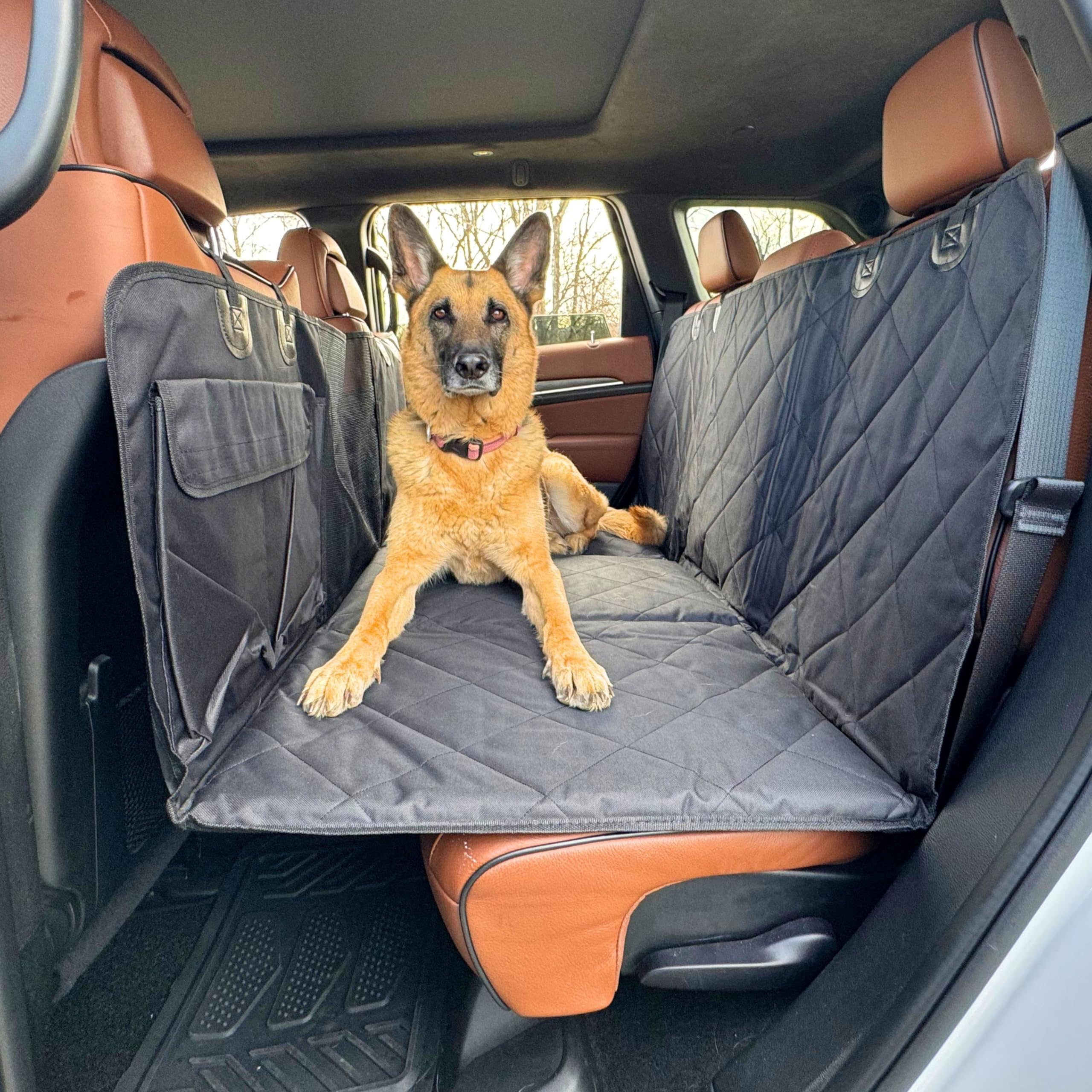 APetsPlanet Backseat Extender for Dogs, 100% Waterproof Hard Bottom Dog Car Seat Cover, Seat Extender with Mesh Window and Stora