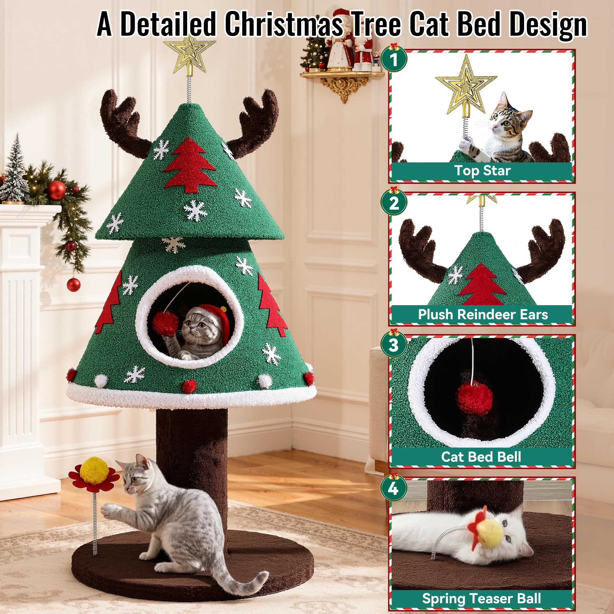 DWVO Christmas Cat Tree, 47.2in Christmas Tree Cat Tower with Teaser Plaything, Kitty Tree for Indoor Small Cats