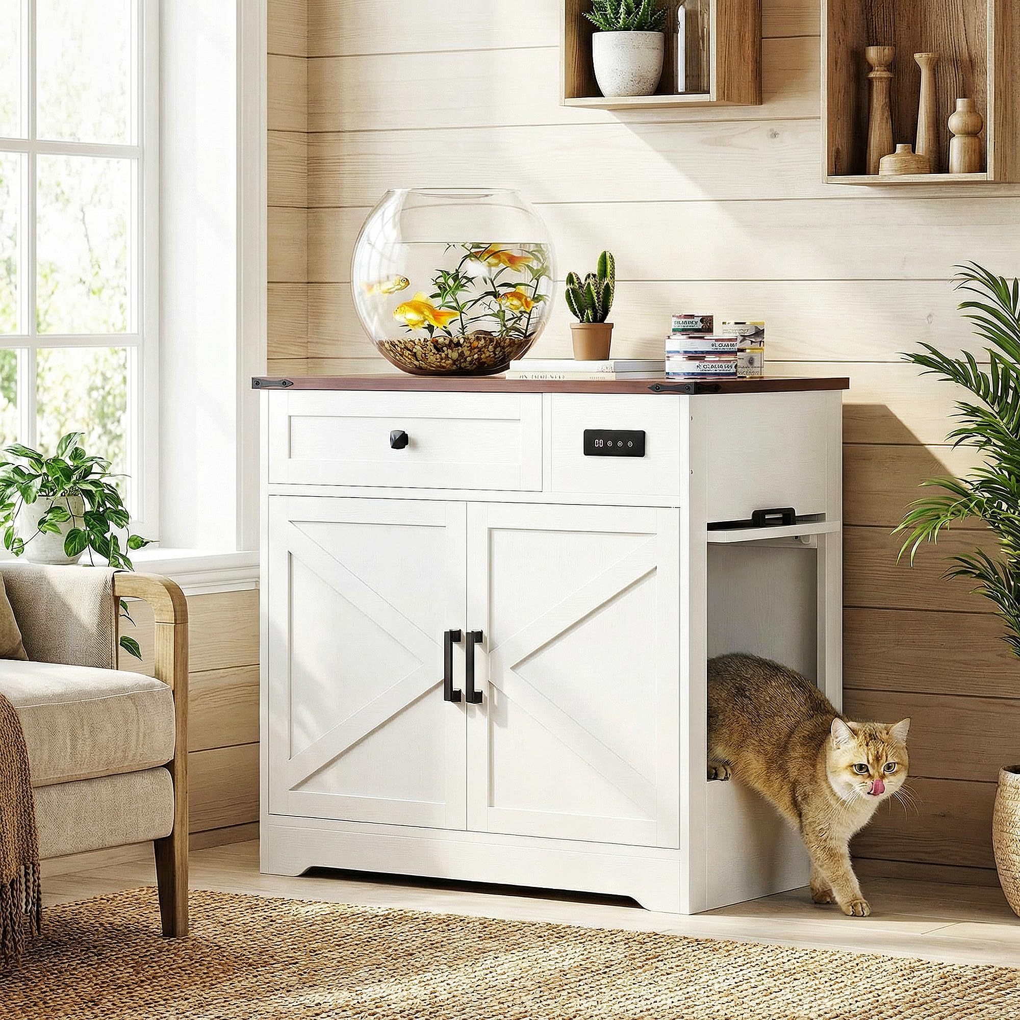 LIKIMIO 31.5 Smart Cat Litter Box Enclosure with LED Odor Control, Farmhouse Hidden Cat Litter Box Furniture with Hinged Entranc