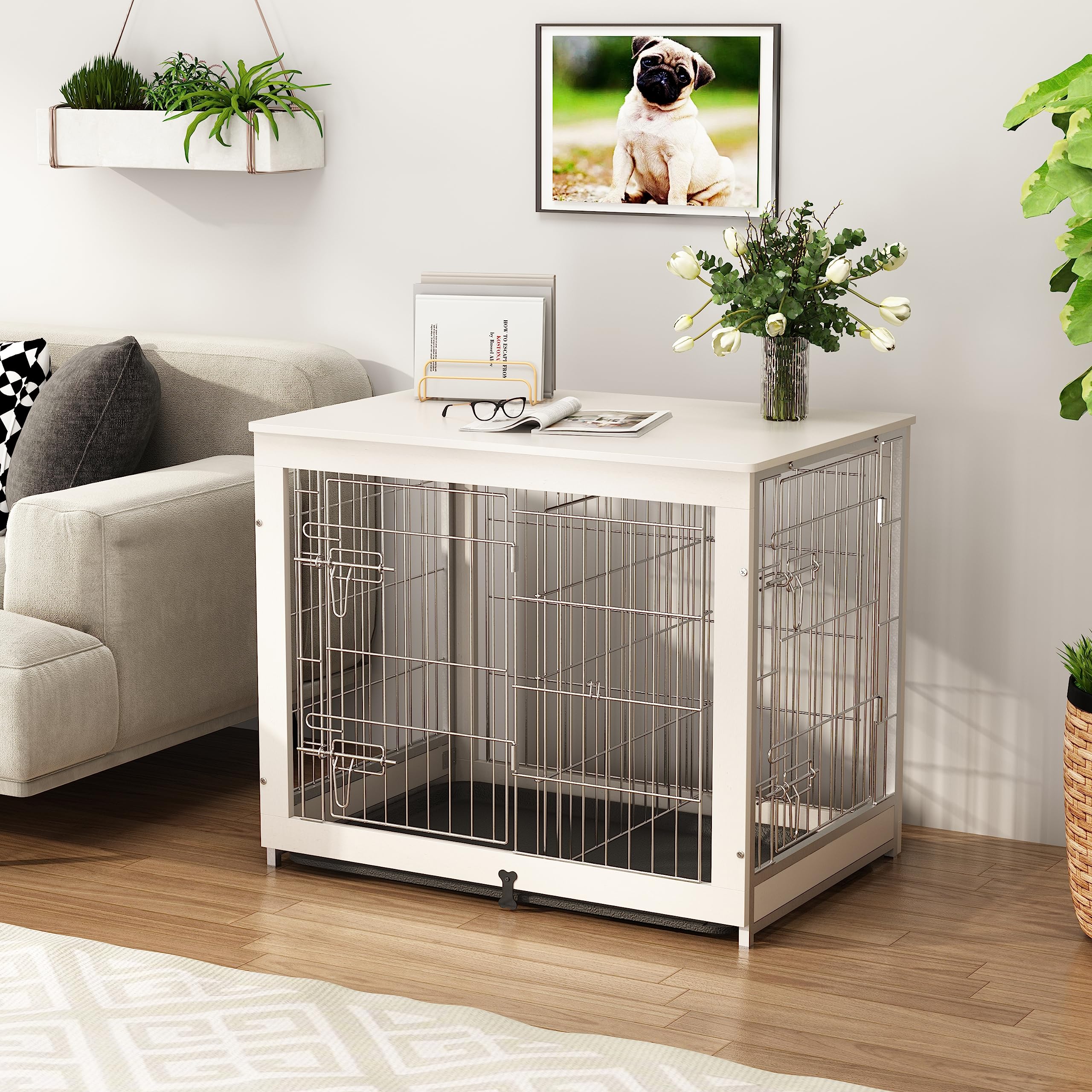 Piskyet Wooden Dog Crate Furniture with Divider Panel, Dog Crate End Table with Fixable Slide Tray, Double Doors Dog Kennel Indo