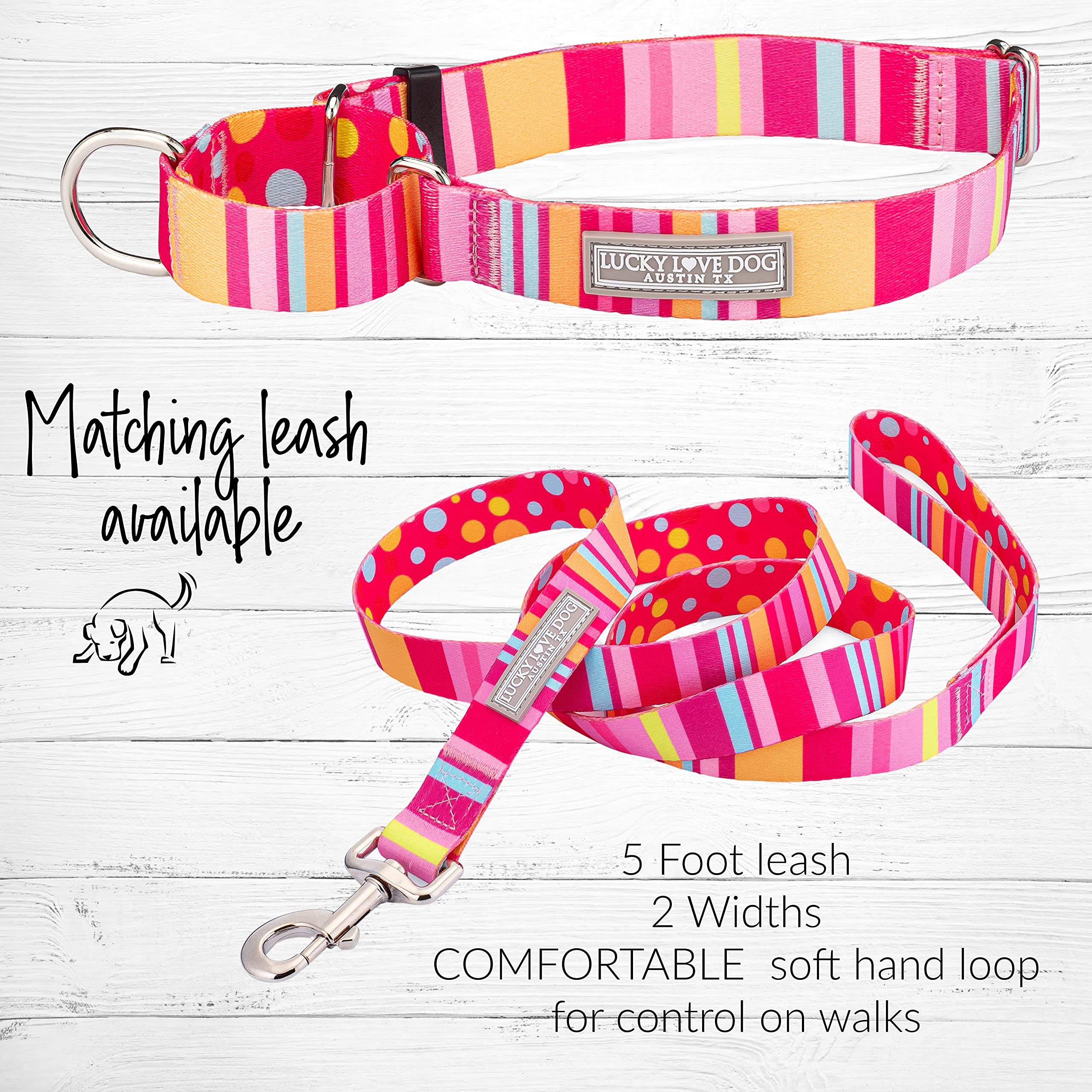 Lucky Love Dog, Colorful Stripes Martingale Dog Collar, Yellow, Pink, Blue Color No Slip Dog Collar - (Large, Molly Martingale)