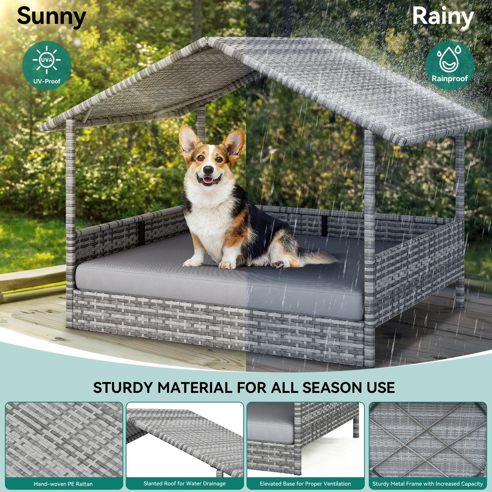 Yitahome Large Wicker Dog House With Cushion Outdoor Indoor Rattan Doghouse Elevated Raised Dog Bed With Canopy Water Resistant