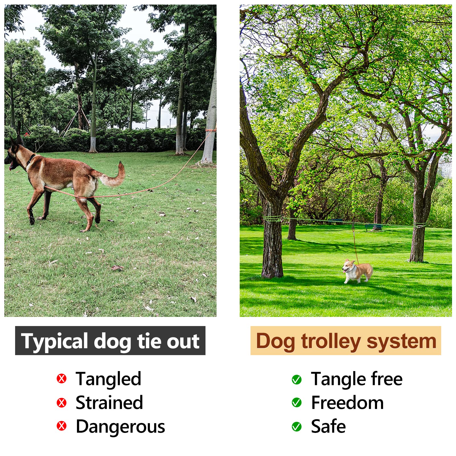 Xiaz Dog Tie Out Cable For Camping, 100Ft Portable Overhead Trolley System For Dogs Up To 300Lbs,Dog Lead For Yard, Camping, Parks, Outdoor Events,5 Min Set-Up, Green