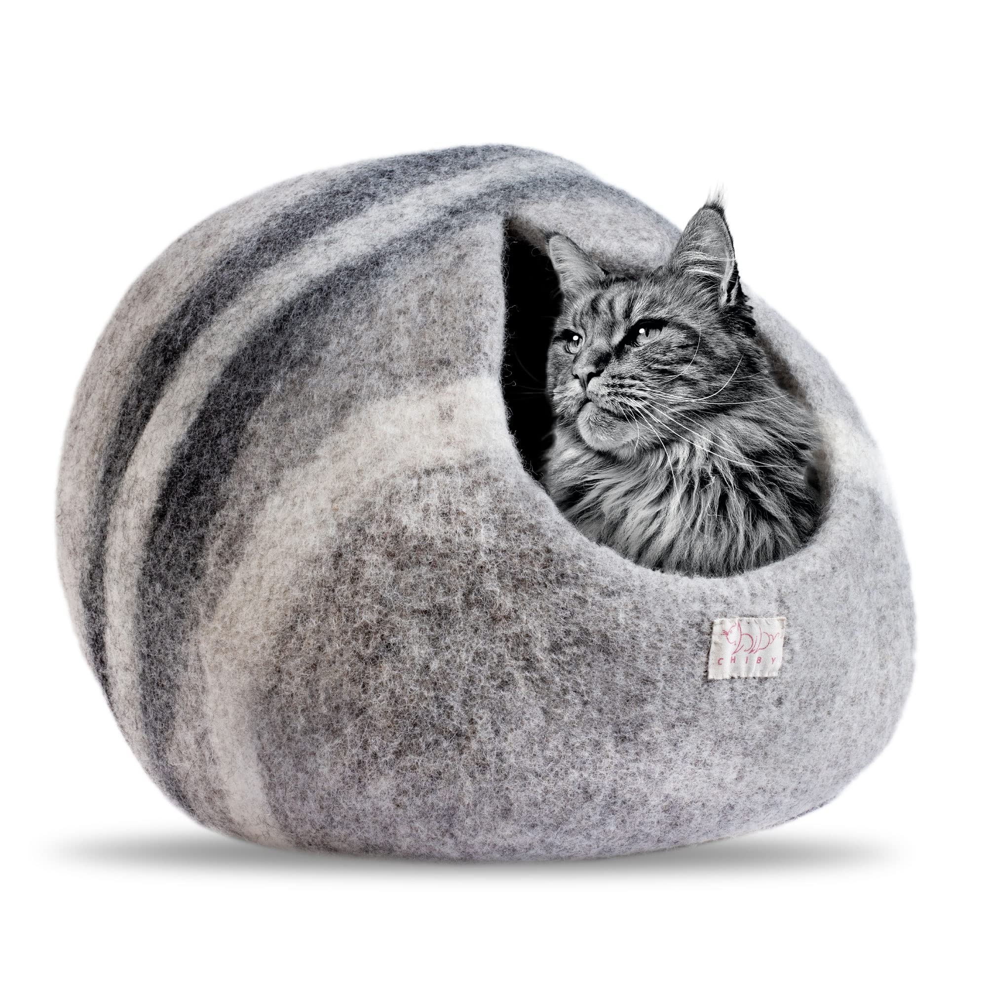 Chiby Cat Cave Bed (Large) Cat House For Indoor Cats~ Eco Friendly~ Hand Felted From 100% Natural New Zealand Wool !! (Grey Stripe)
