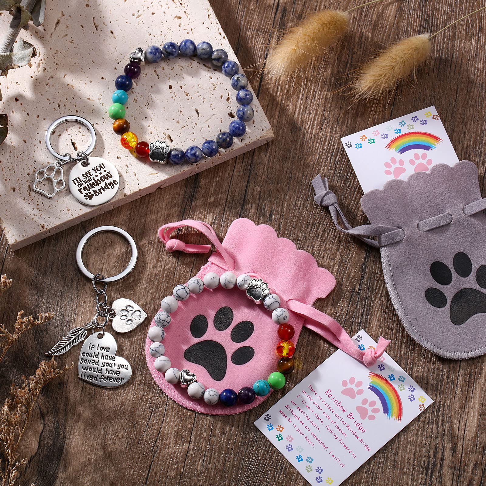 Jadive 9 Pieces Pet Memorial Gifts Set Rainbow Bridge Bracelet Pet Memorial Bracelet Dog Loss Keychain Rainbow Bridge Poem Card With Flannel Organza Bag For Women Men Kids Pet Lovers(Classic Style)