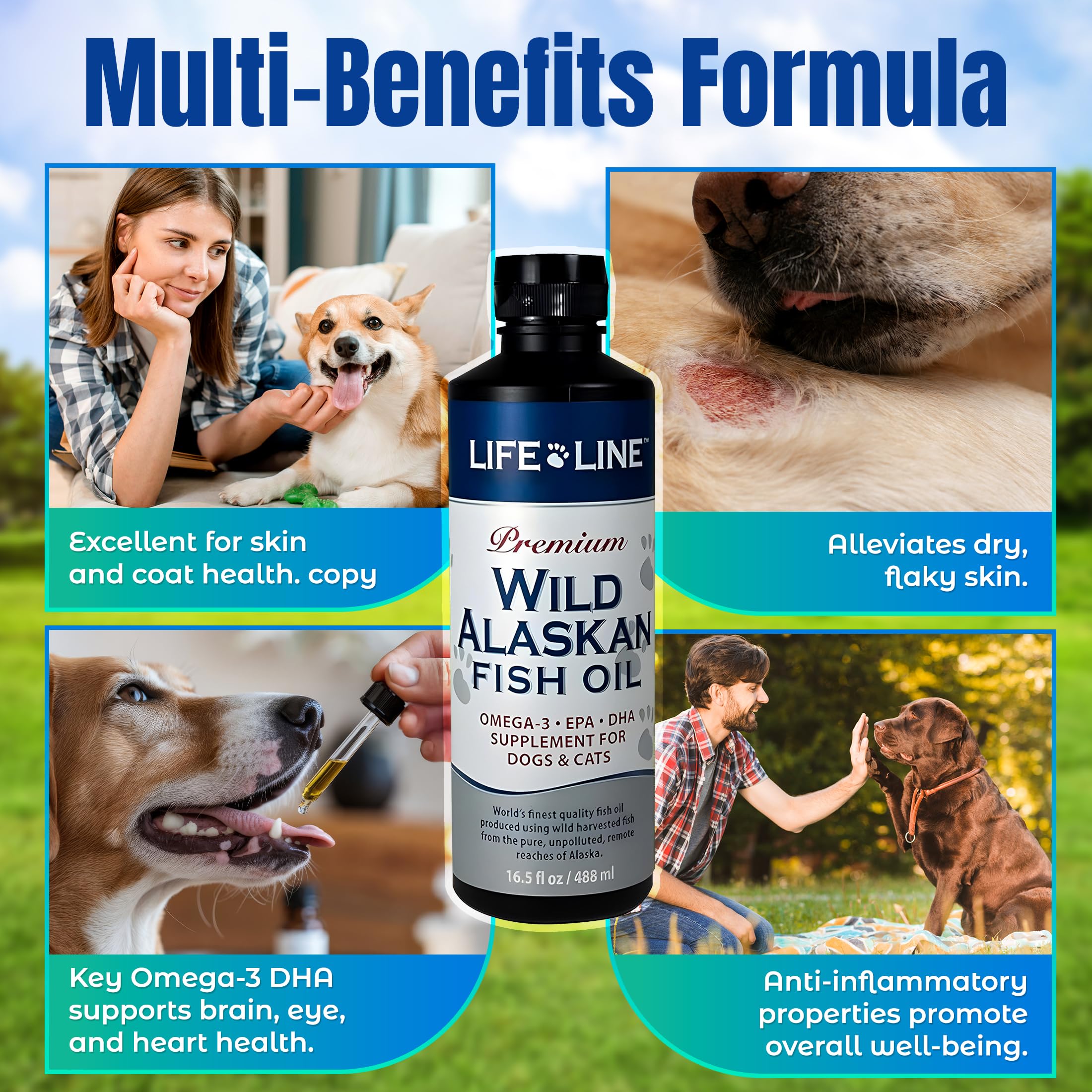 Life Line Pet Nutrition Wild Alaskan Fish Oil Omega-3 Supplement for Skin & Coat Supports Brain, Eye & Heart Health in Dogs & Ca