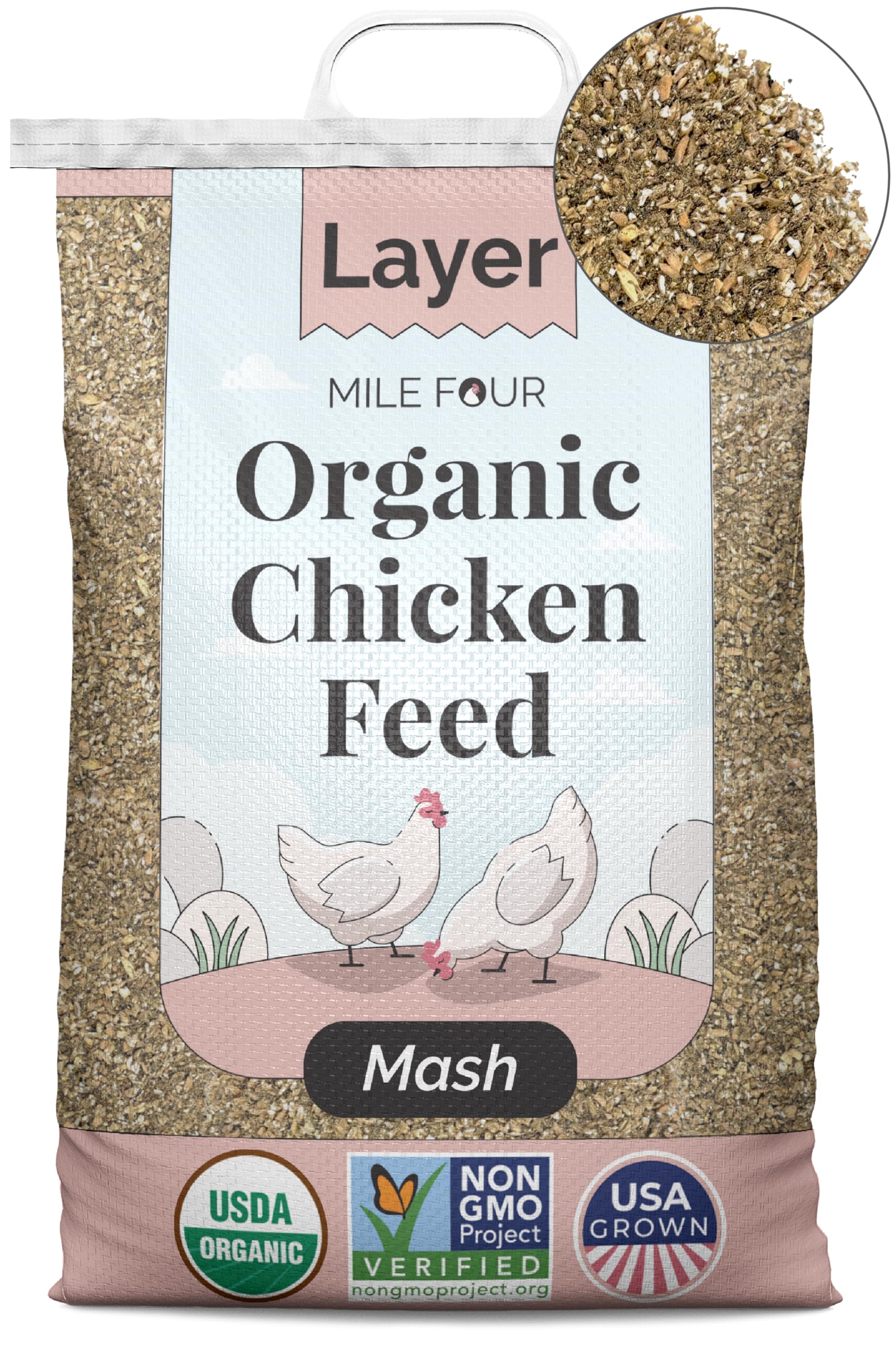 Mile Four Layer Organic Chicken Feed | 16% Protein | Mash | Certified Organic, Non-GMO, Corn-Free, Soy-Free, Non-Medicated, US G