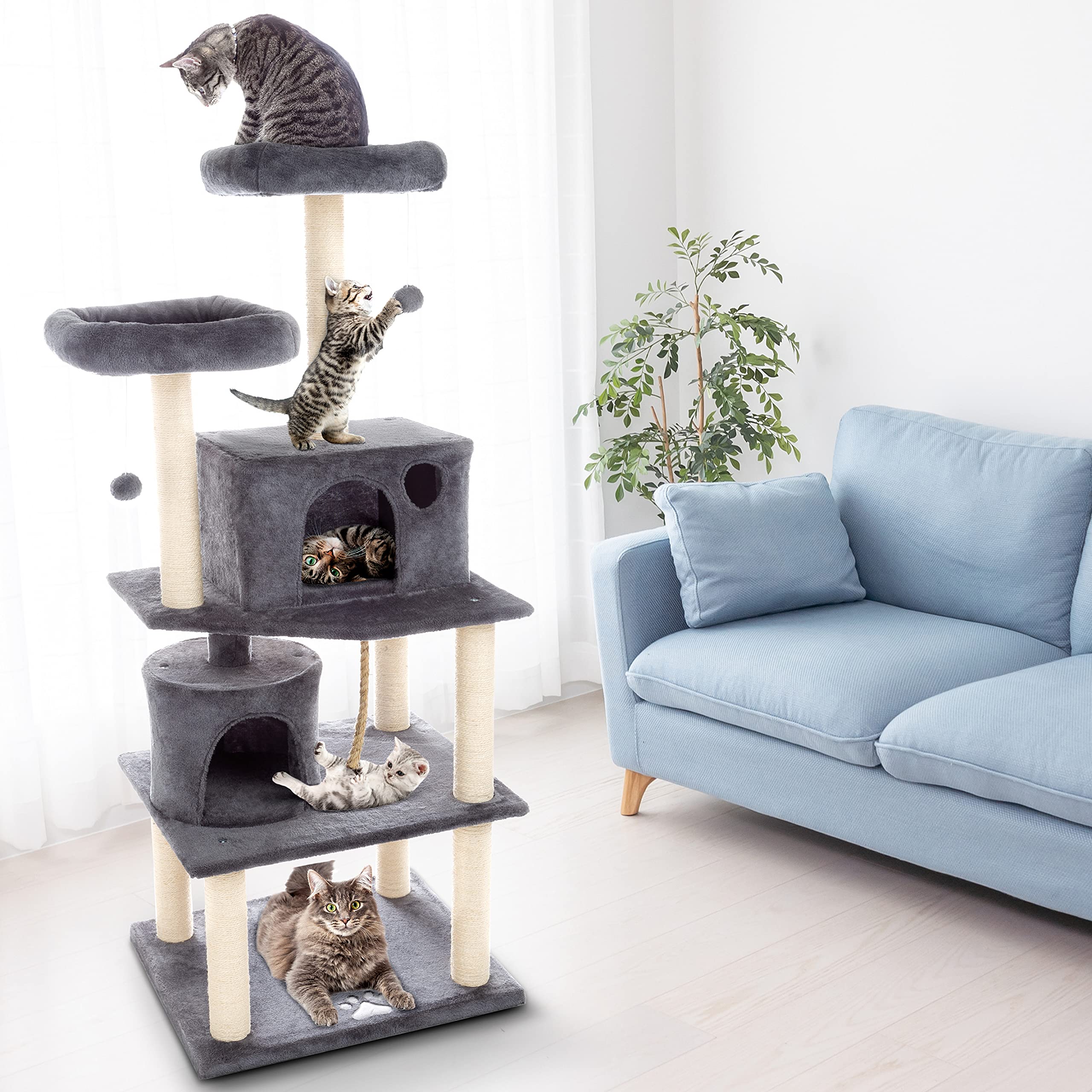 5-Tier Ultimate Cat Tree - 8 Cat Scratching Posts, 2 Padded Perches, 2 Kitty Huts, and 3 Hanging Toys for Multiple Cats by PETMA
