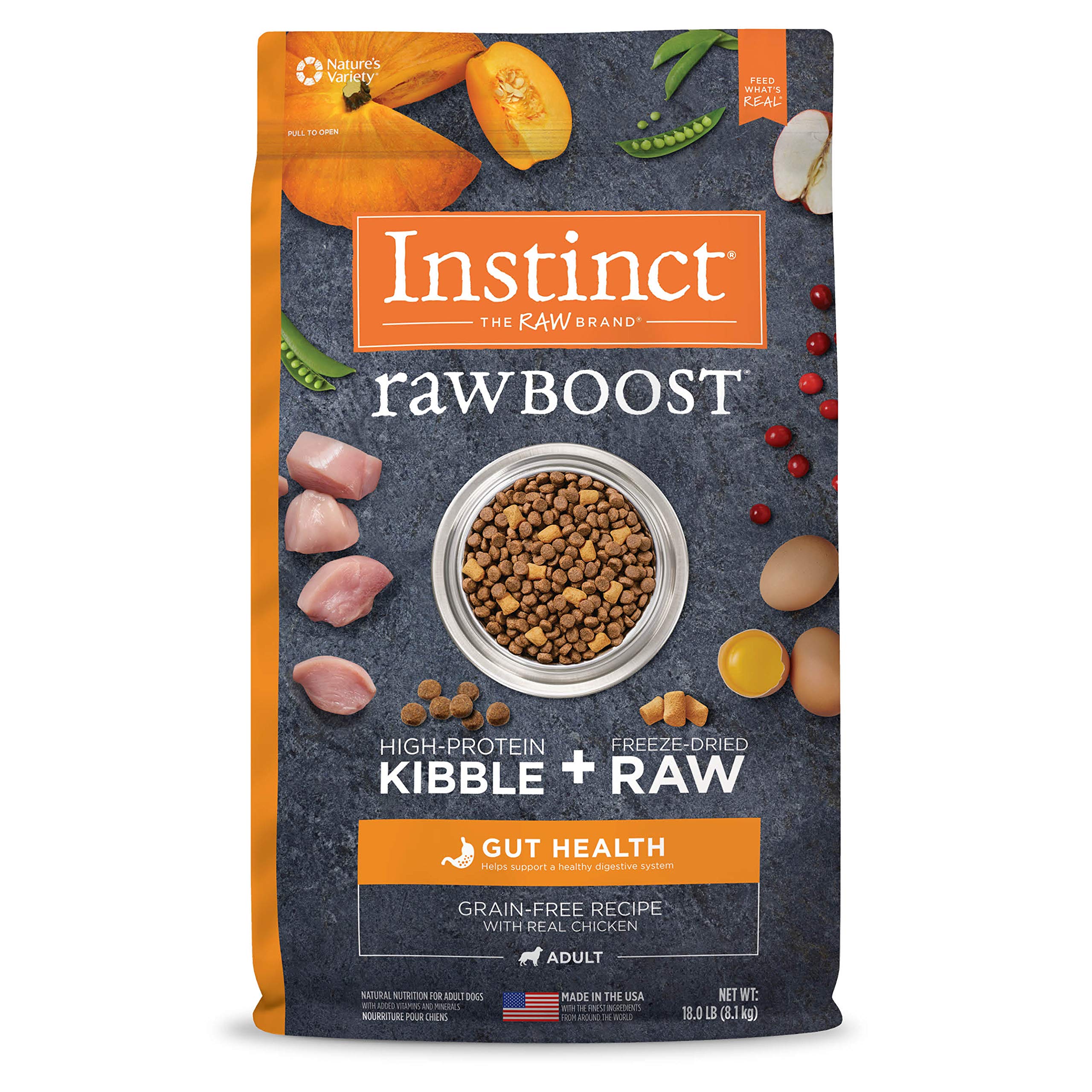 Instinct Raw Boost Natural Dry Dog Food with Freeze Dried Pieces, Grain Free, Real Chicken - Gut Health, 18 lb. Bag