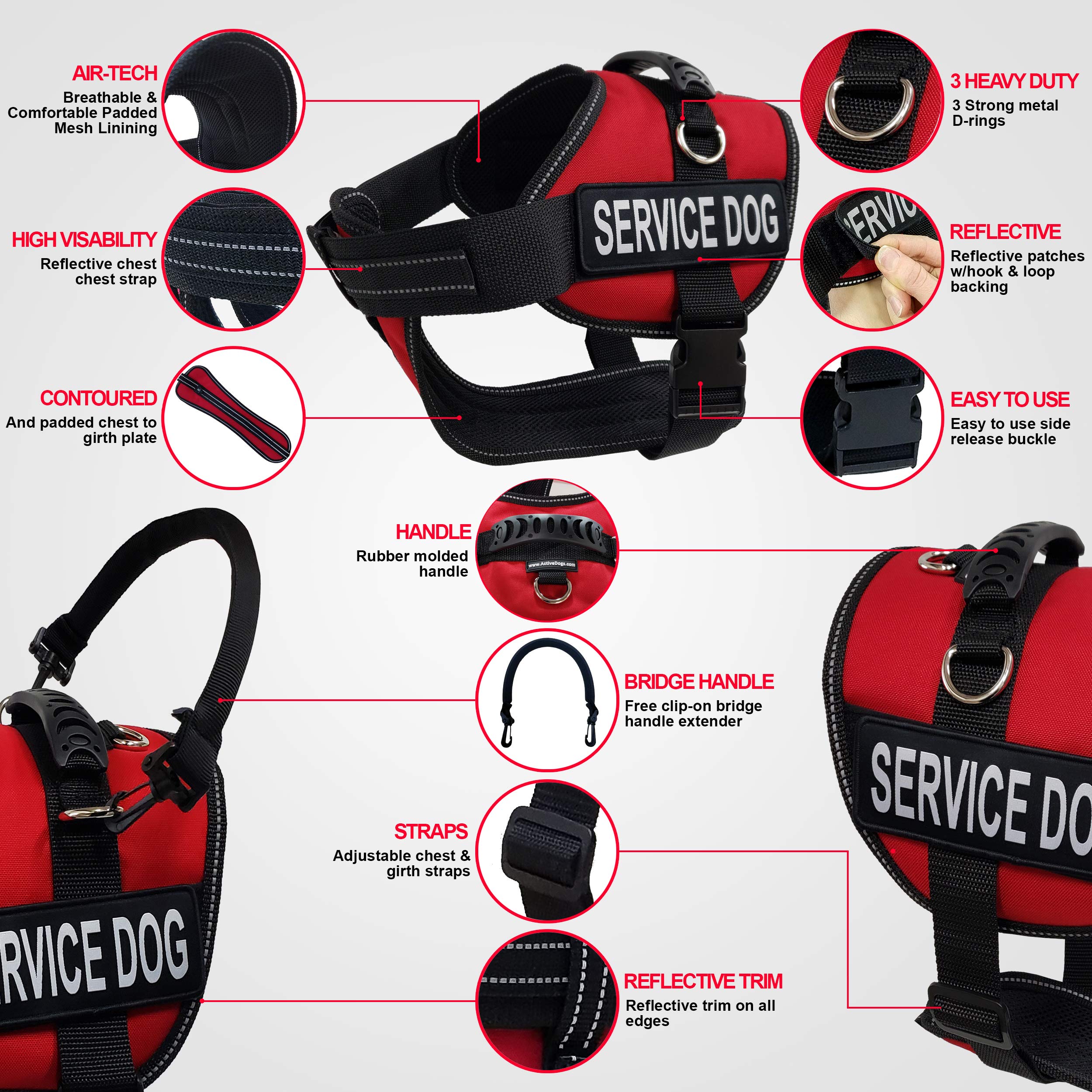 Activedogs Service Dog Vest Harness + Clip-On Bridge Handle + Id Card Carrier + Ada Cards + Reflective Service Dog Patches - Large Service Dog Harness Vest For Large Dogs (Girth 25”-35”) Royal Blue