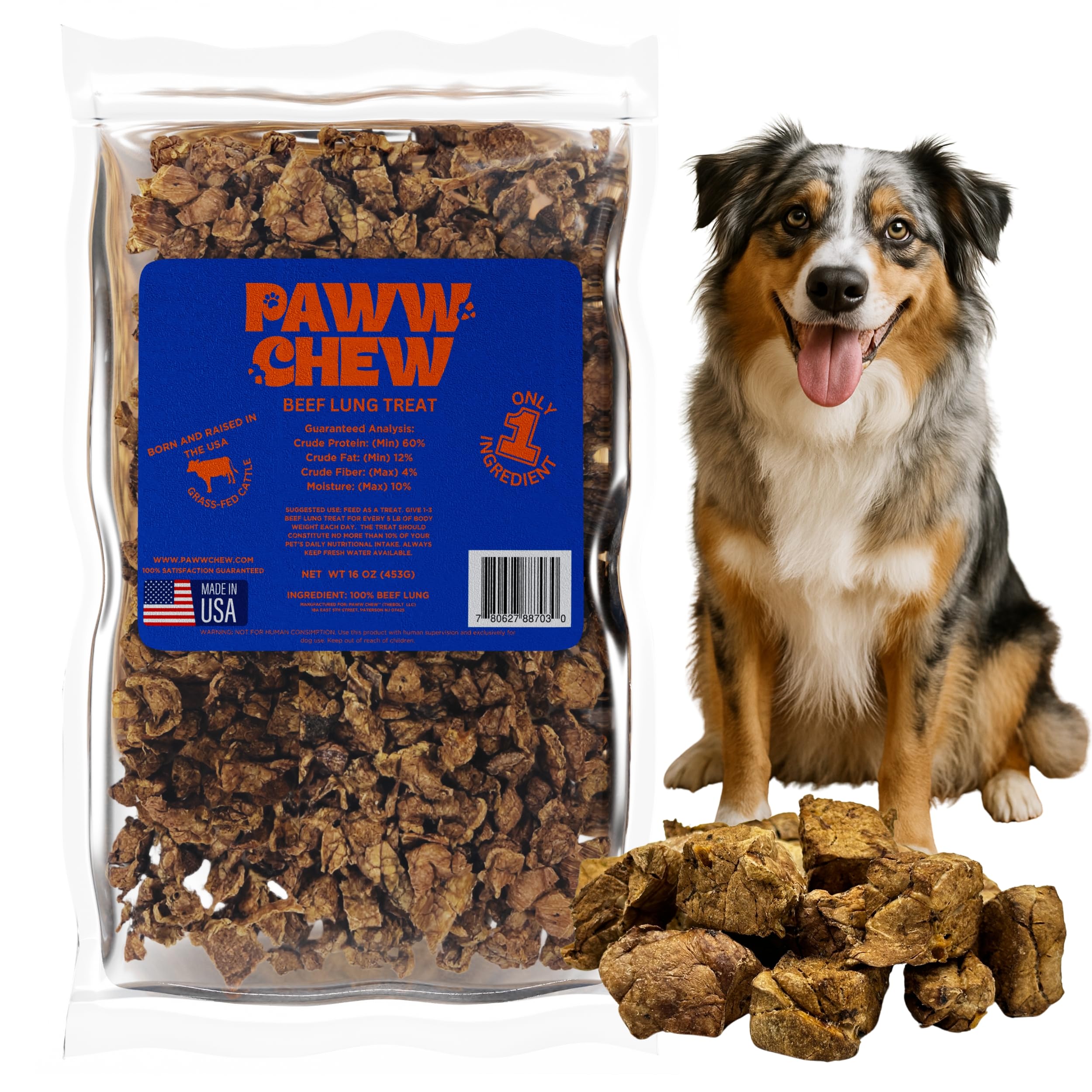 PAWW CHEW Beef Lung Dog Treats, 100% Natural, Single Ingredient, (1 Pound) Made in The USA, Dried & Dehydrated, High Protein, Hi