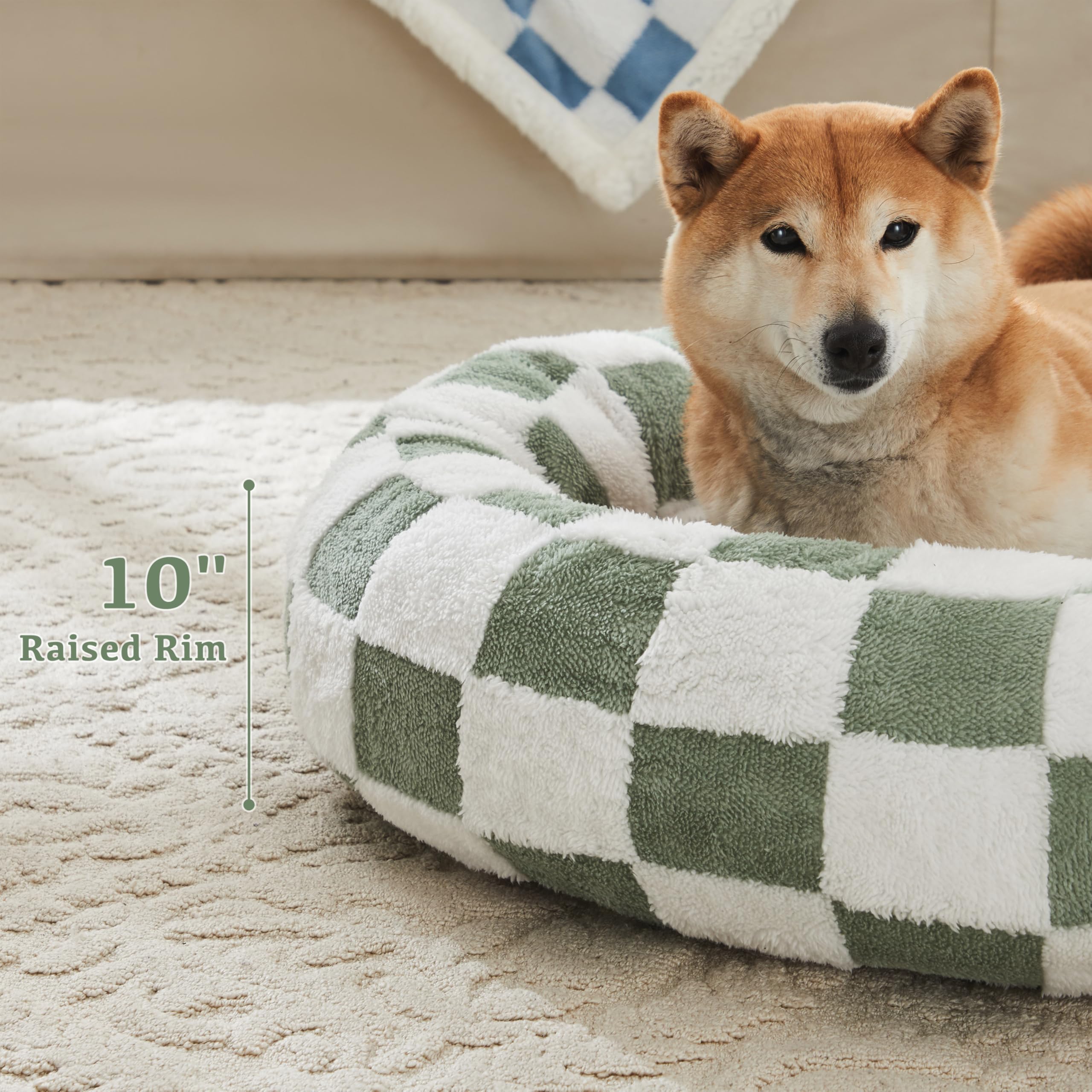 Ohocut Checkered Dog Bed, Cute Sage Green Retro Style Aesthetic Round Warming Pet Calming Beds For Small Dog And Cats, Plush Coz
