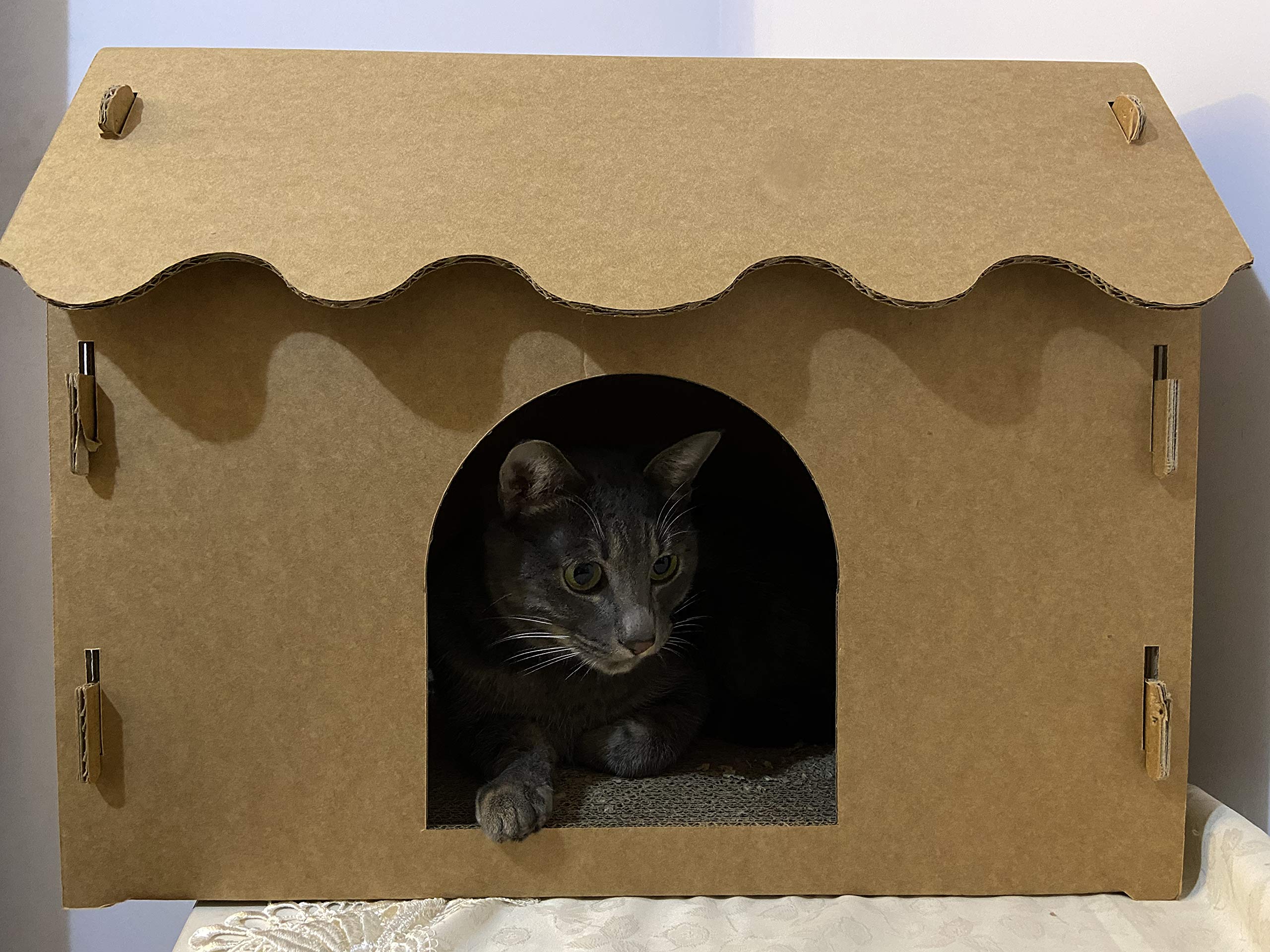 Svy Cozy Cat House With Scratcher Pad, Made Of Corrugated Cardboard, Ideal For Cats & Kittens & Small Animals. 16'X12'X13'
