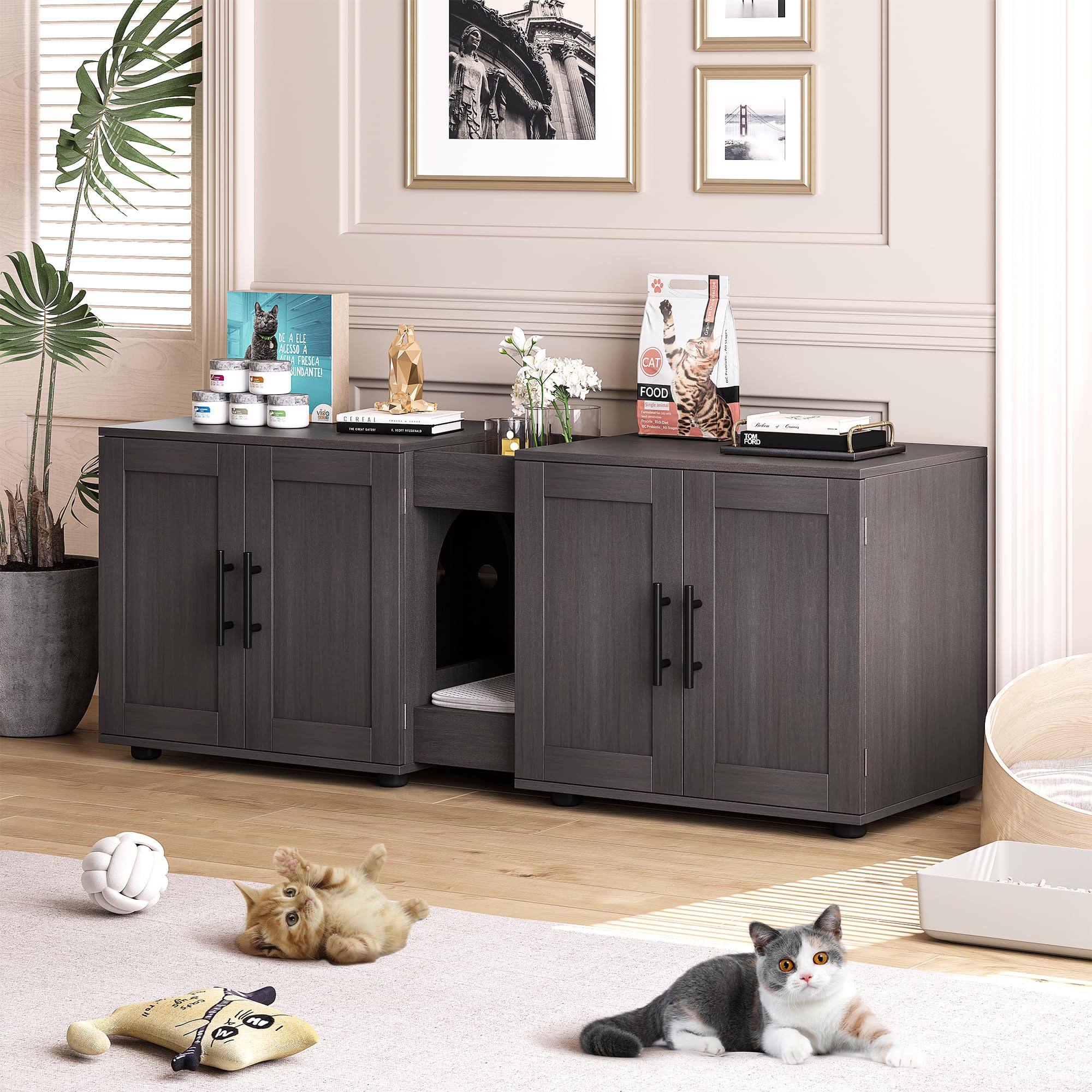 55 Large Cat Litter Box Enclosure Furniture for 2 Cats, 3-in-1 Hidden Litter Box Cabinet with Barn Door & Double Rooms, Wooden P
