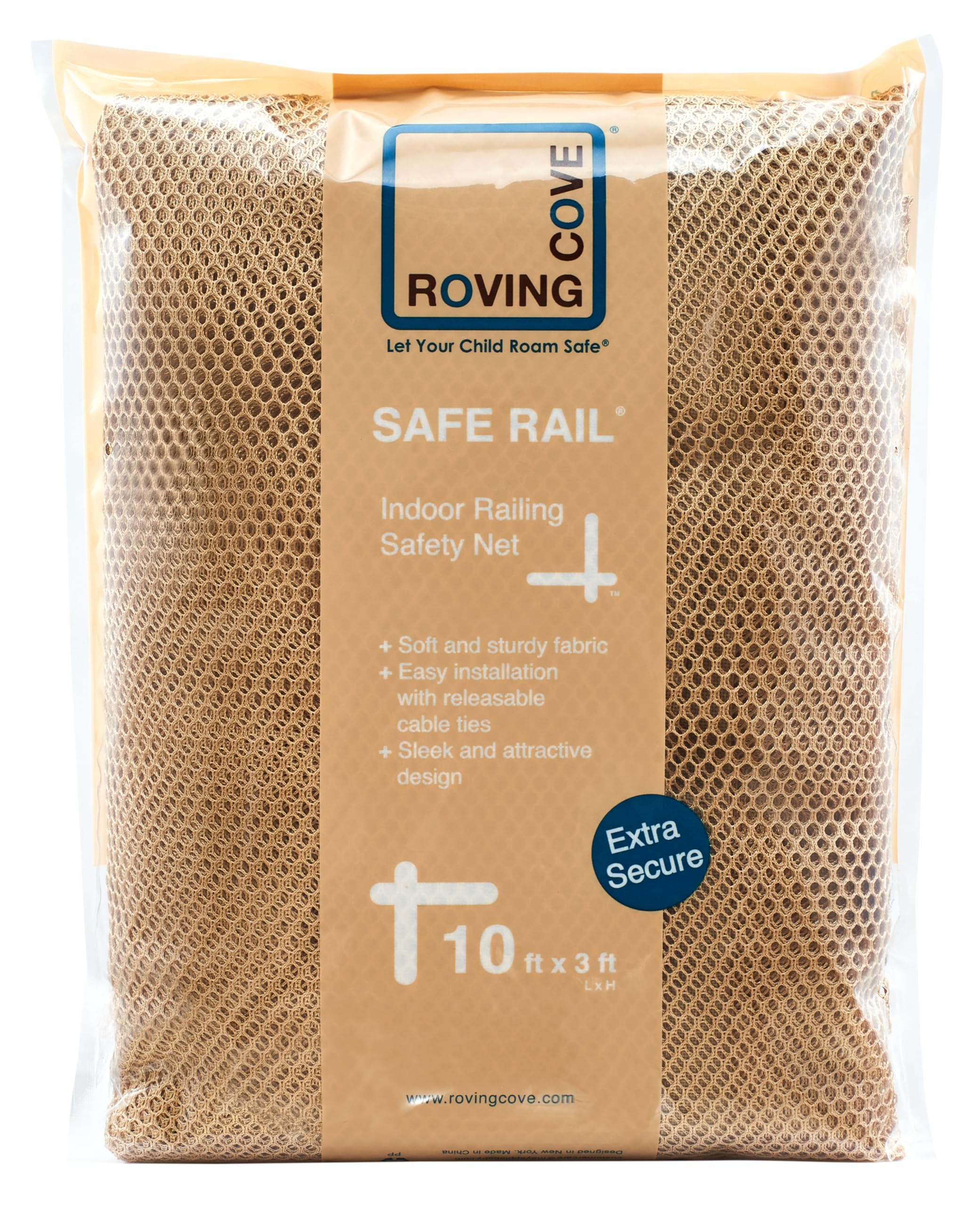 Roving Cove Stair Banister Guard 10Ft X 3Ft, Railing Safety Net For Baby Proofing, Child Safety Stairway Cover, Balcony Mesh Netting, Almond Brown