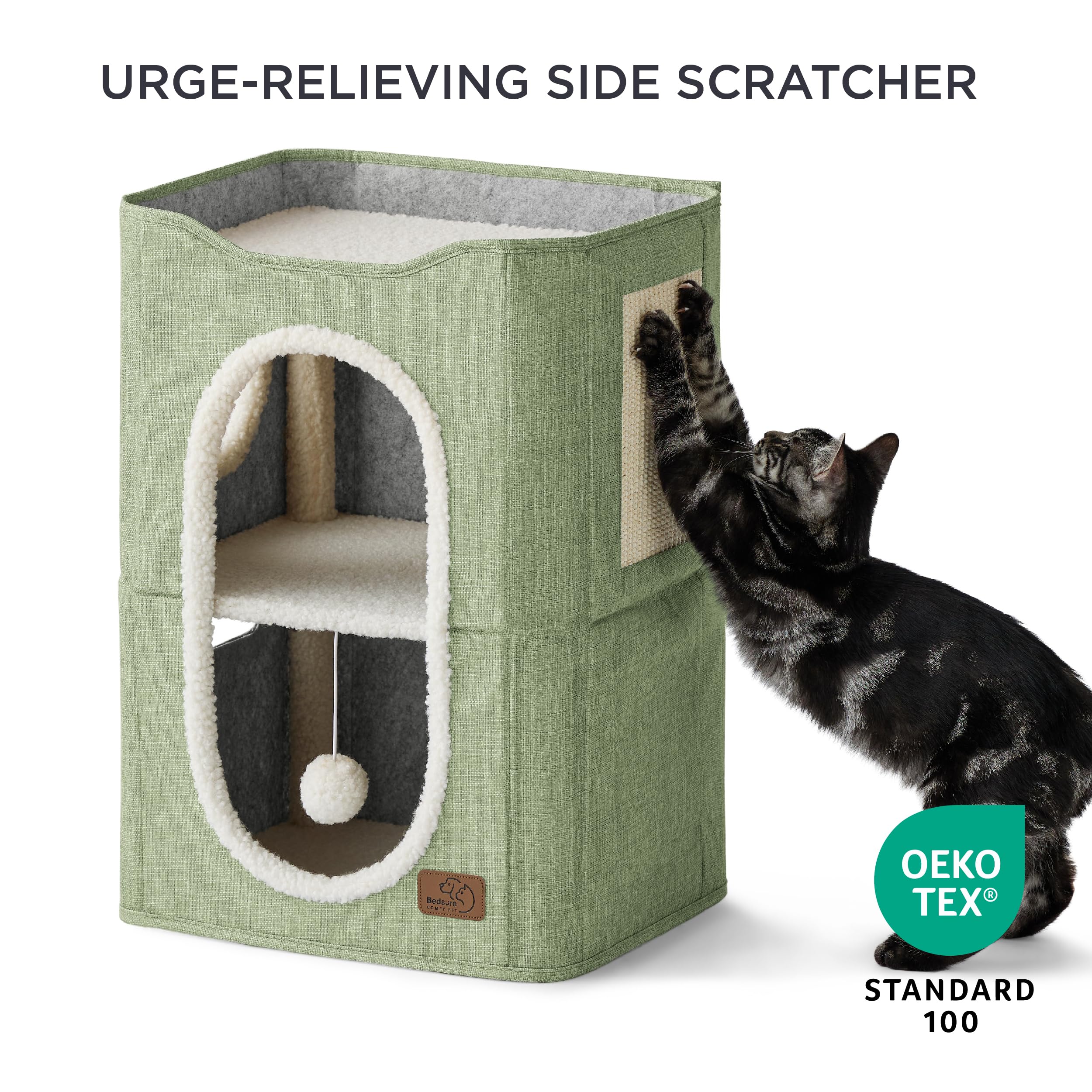 Bedsure 2-Level Cat House For Indoor Cats - Small Cat Towers With Scratch Pad And Hideaway Condo, Cat Cave Bed Furniture For Multi Pets And Large Cats, 18X14X23 Inches, Green