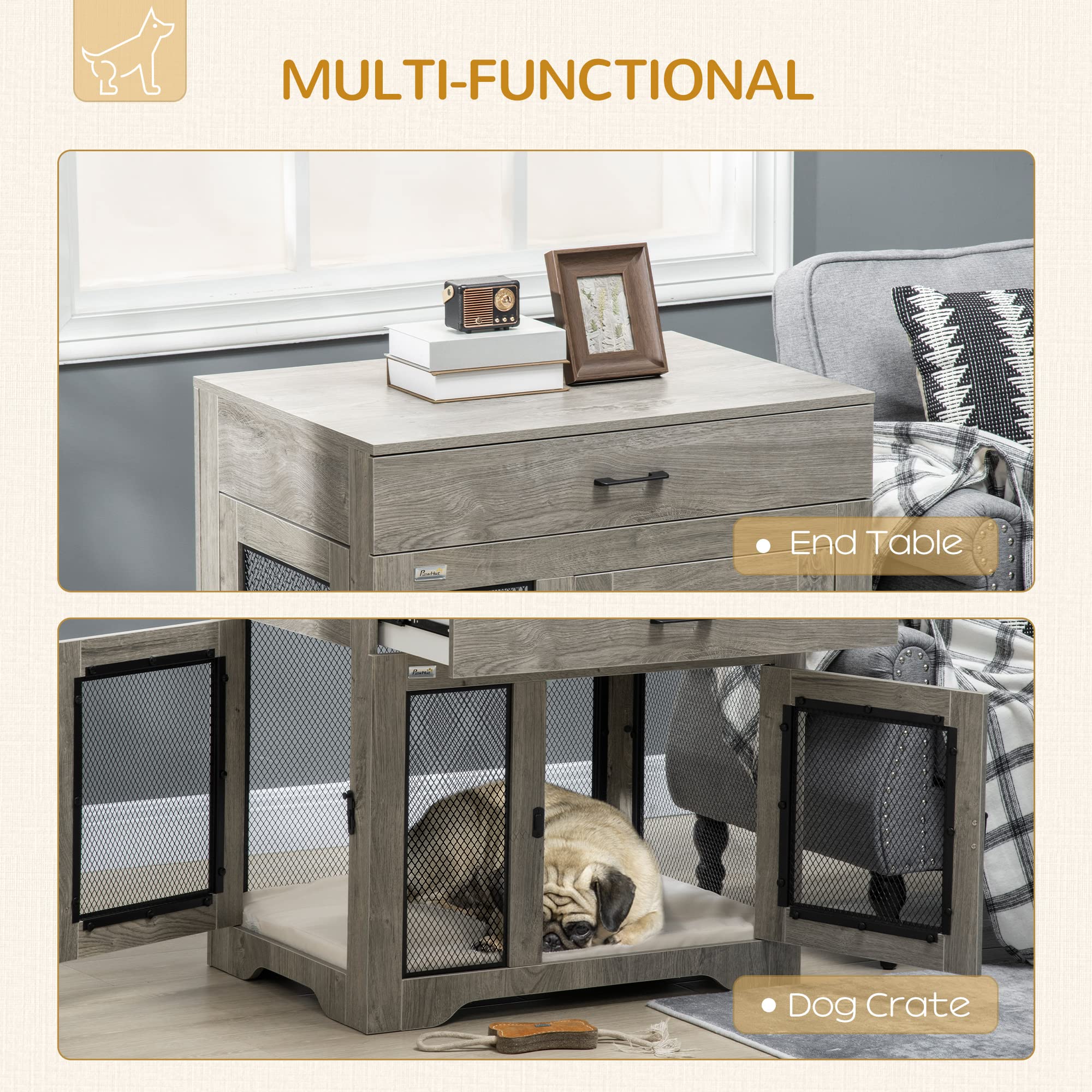 Pawhut Dog Crate Furniture With Soft Water-Resistant Cushion, Dog Crate End Table With Drawer, Puppy Crate For Small Dogs Indoor With 2 Doors, Grey