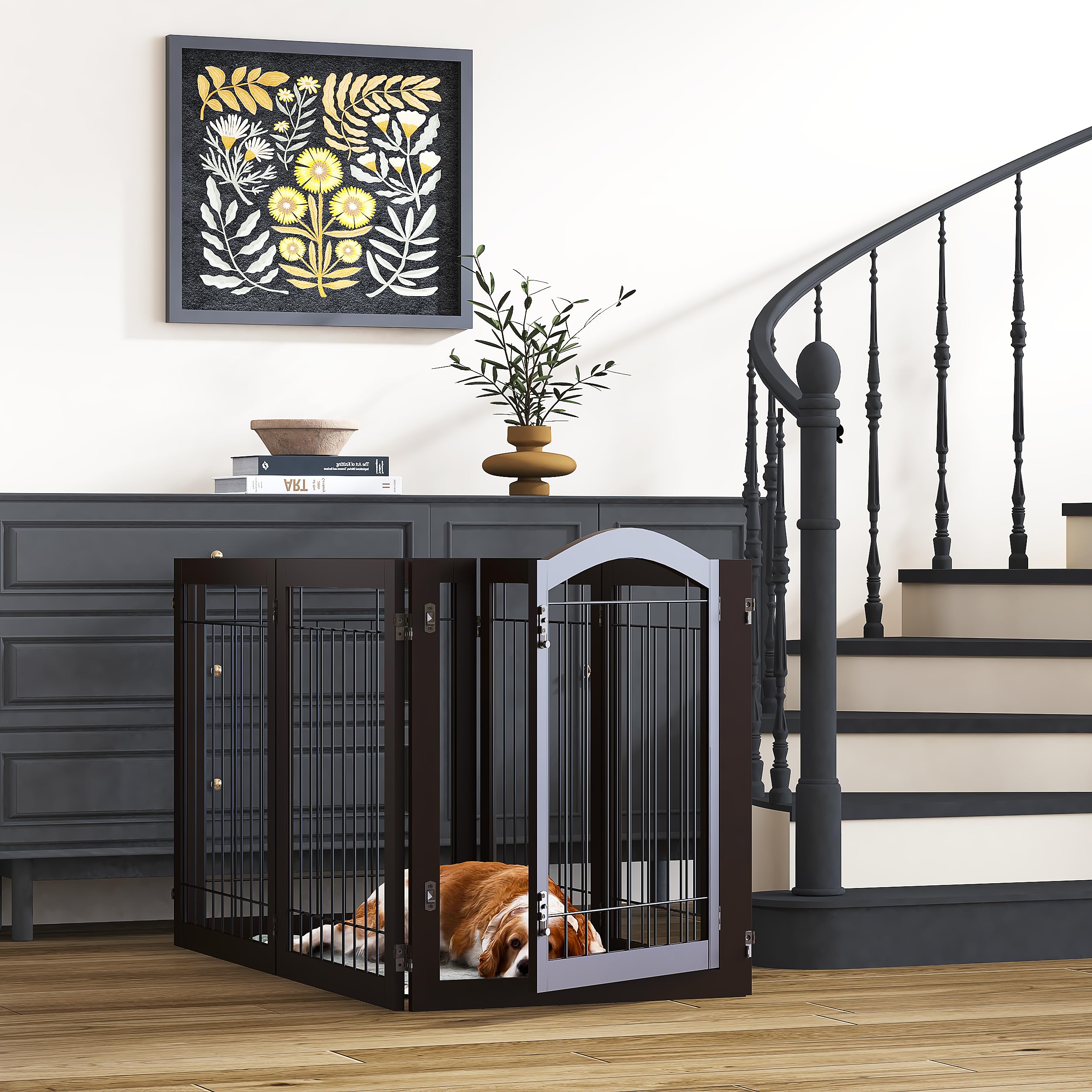Pawland 144-Inch Extra Wide 30-Inches Tall Dog Gate With Door Walk Through, Freestanding Wire Pet Gate For The House, Doorway, Stairs, Pet Puppy Safety Fence, Support Feet Included, Espresso,6 Panels