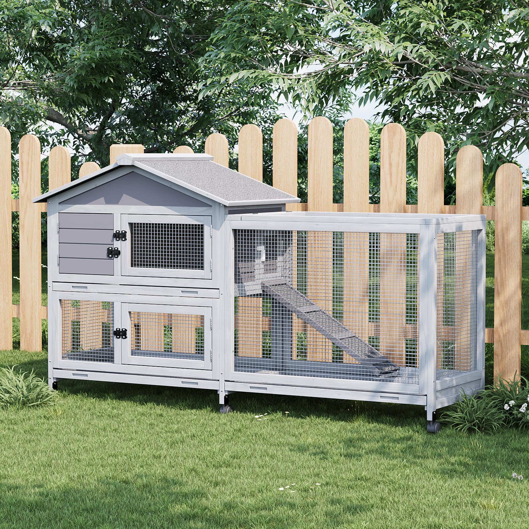 Rabbit Cage with Ramp & Waterproof Roof, Bunny Hutch for Indoor/Outdoor, 2-Story Design, Rabbit Hutch with 6 Lockable Caster Whe