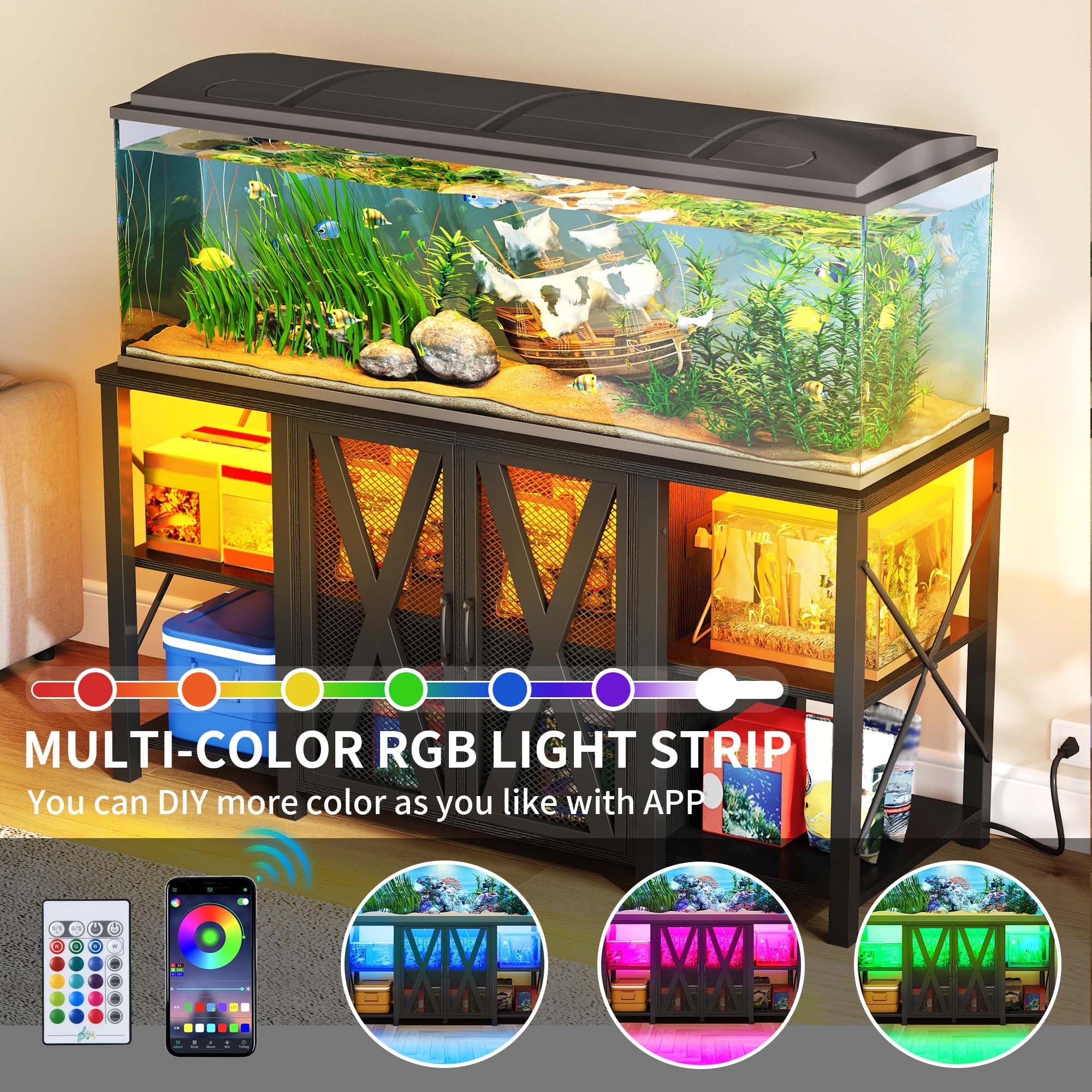 YITAHOME 90-120 Gallon Reptile Tank Stand with Power Outlet & LED Light, Heavy Duty Aquarium Stand w Accessories Storage Cabinet