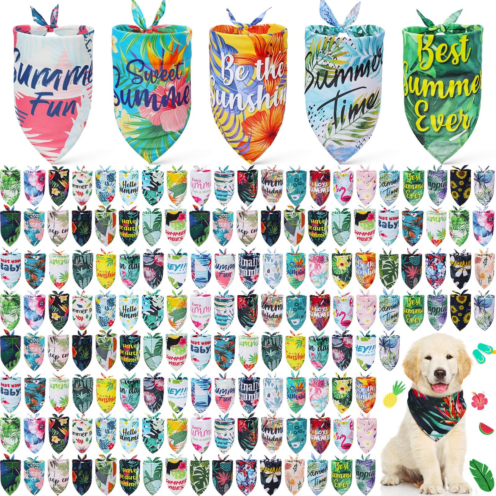 Kacctyen 200 Pcs Dog Bandanas For Summer Bulk Hawaiian Pattern Pet Scarf Bibs Adjustable Washable Kerchief Seasonal Pet Accessor