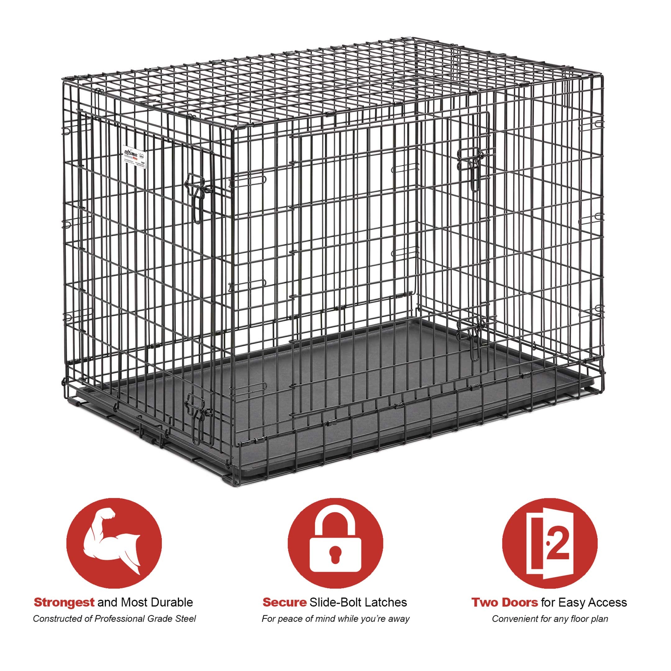 Midwest Homes For Pets Ultima Pro Series 42' Dog Crate | Extra-Strong Double Door Folding Metal Dog Crate W/Divider Panel, Floor Protecting 'Roller Feet' & Leak-Proof Plastic Pan