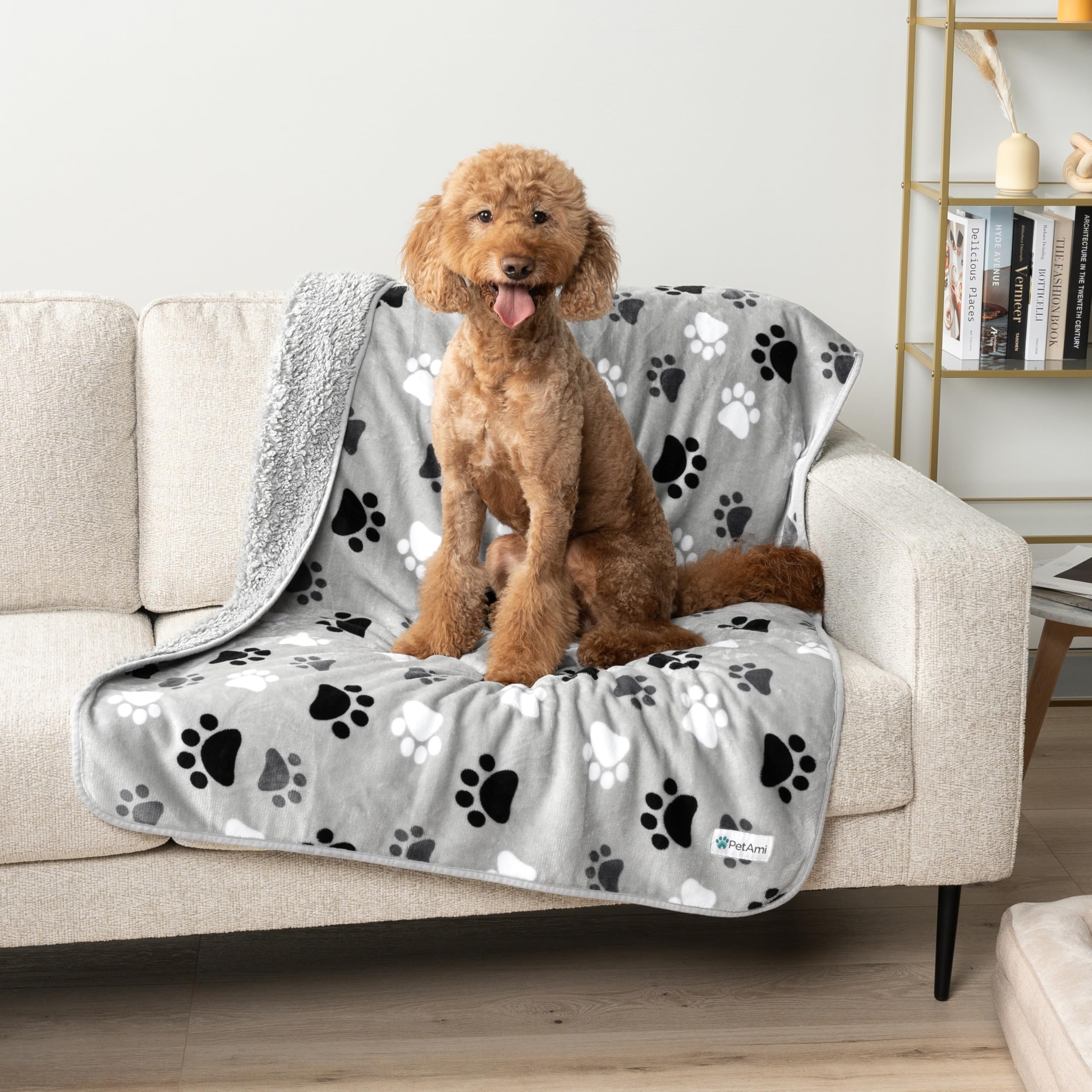 Petami Waterproof Dog Blanket For Extra Large Dogs, Pee Proof Pet Blanket For Bed Couch, Reversible Water Proof Blanket For Puppy Indoor Cat, Soft Dog Crate Cover Washable, Queen 90X90 Paw Gray