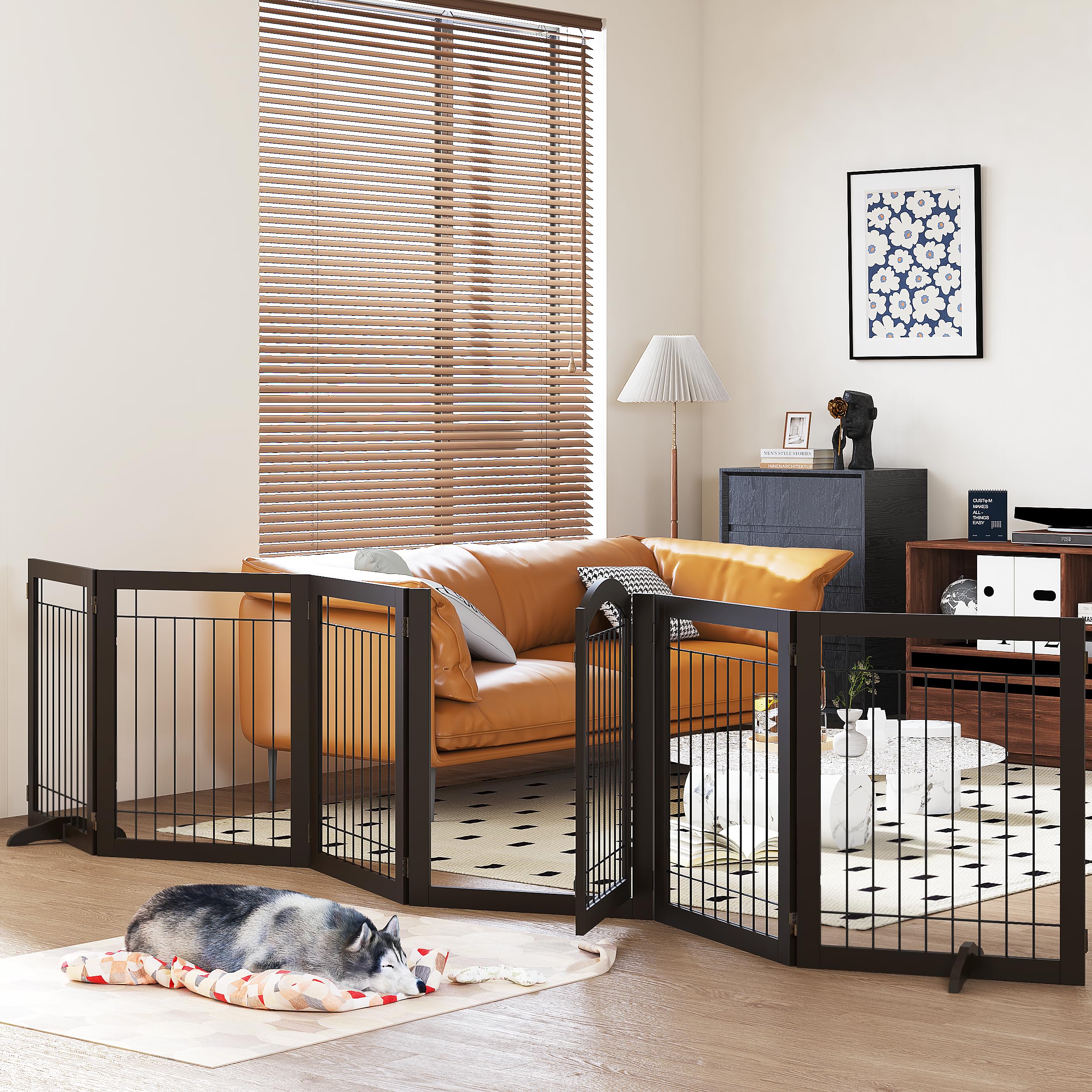 Pawland 144-Inch Extra Wide 30-Inches Tall Dog Gate With Door Walk Through, Freestanding Wire Pet Gate For The House, Doorway, Stairs, Pet Puppy Safety Fence, Support Feet Included, Espresso,6 Panels