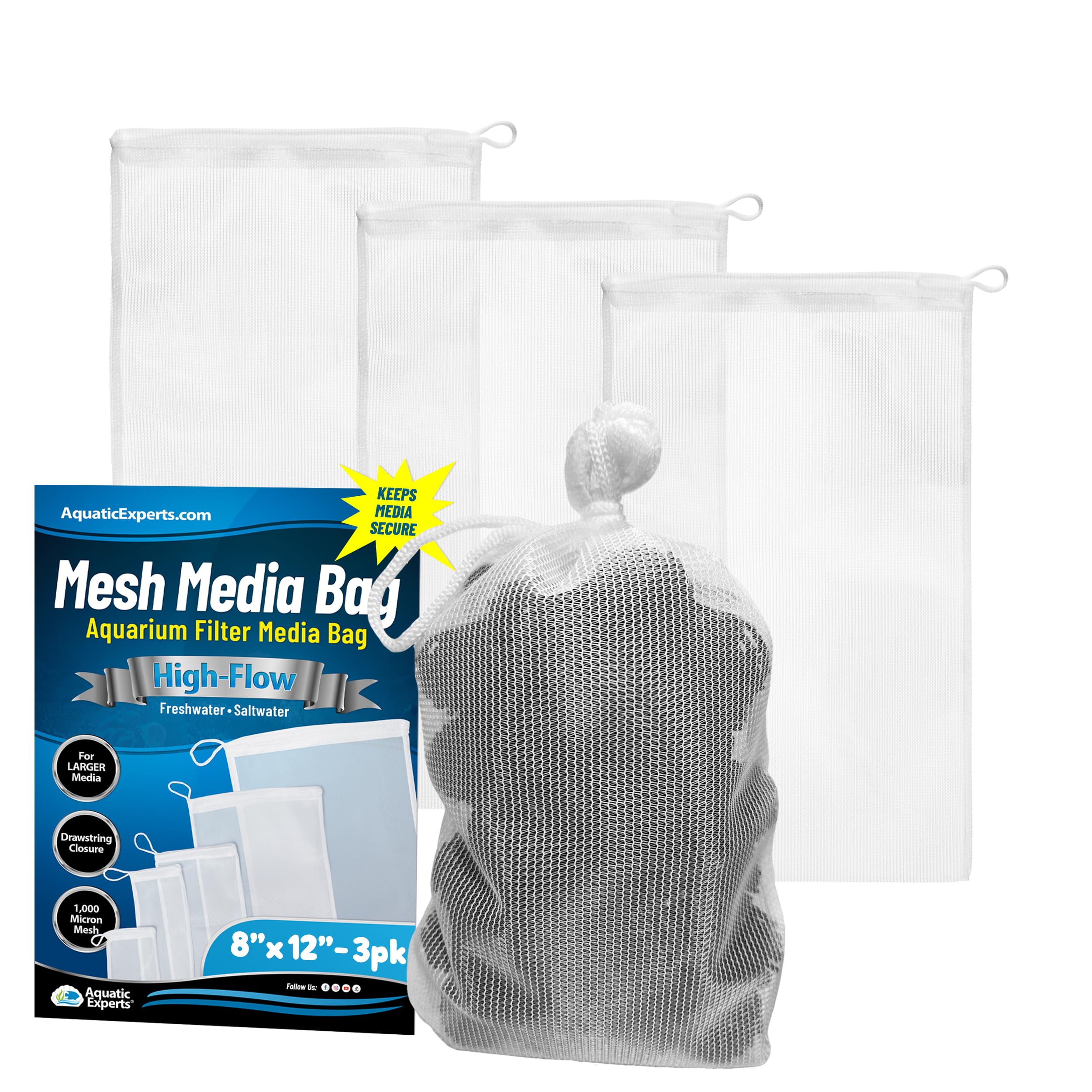Aquatic Experts High Flow Filter Media Bag - Durable Filter Bags For Fish Tank, Secure Aquarium Media Bag With Drawstring, Media Bags For Aquarium And Pond, High Flow (White), 8” X 12” – 3 Pack