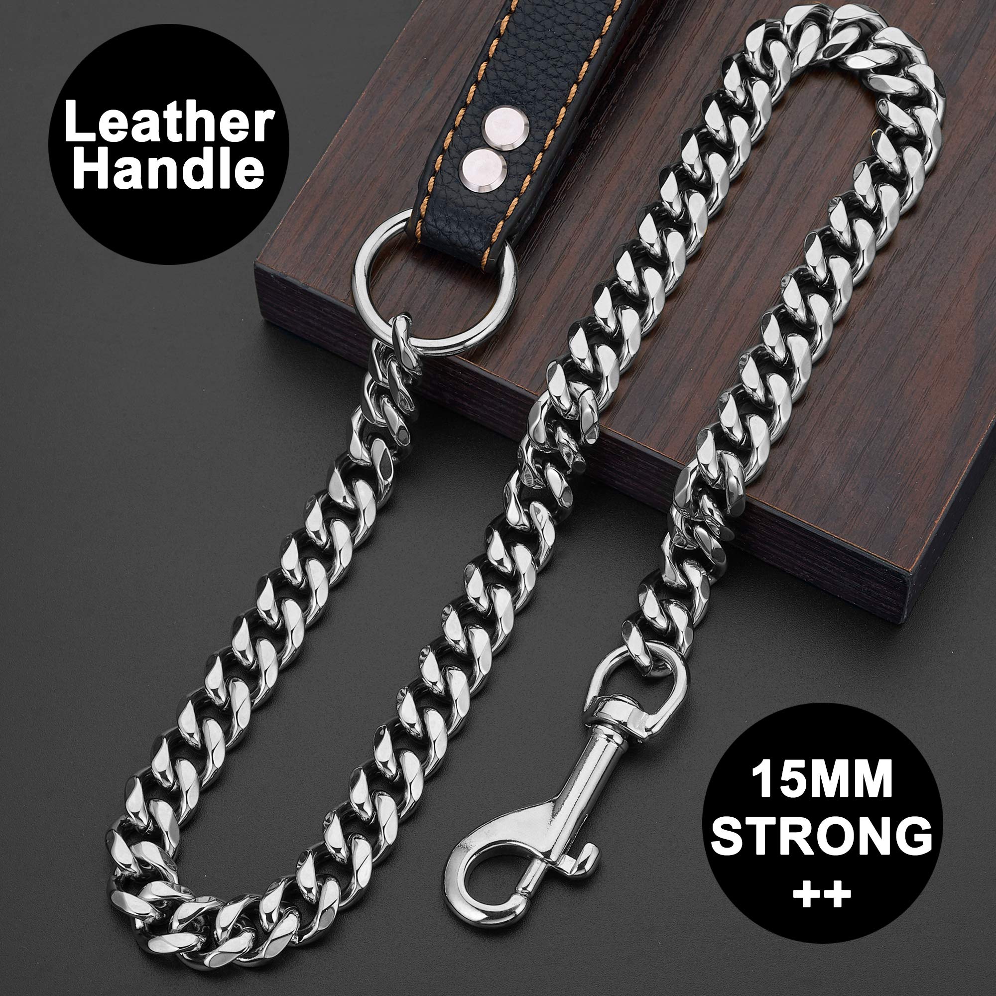 PRADOG Chain Dog Leash Metal Chew Proof 15MM Heavy Duty Pet Leash Chain with Leather Padded Handle for Large Medium Small Dogs(T