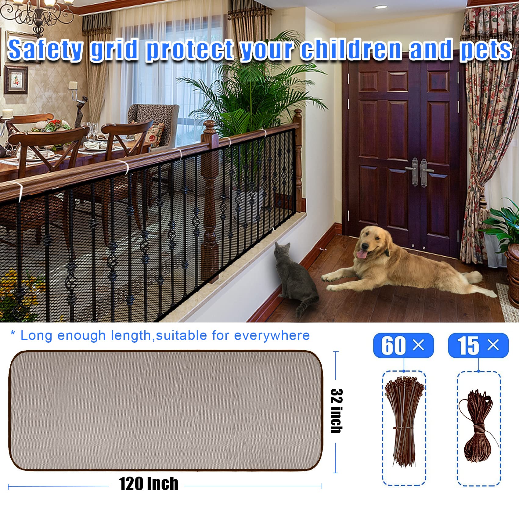 Jiftok Baby Gate For Stairs, Banister Guard For Kids, Pets, Toys, 10Ft L X 2.66 Ft H, Mesh Netting Safety Net For Balcony Rail Stair, Stairway Net Baby Safety Products For Indoor & Outdoor (Brown)