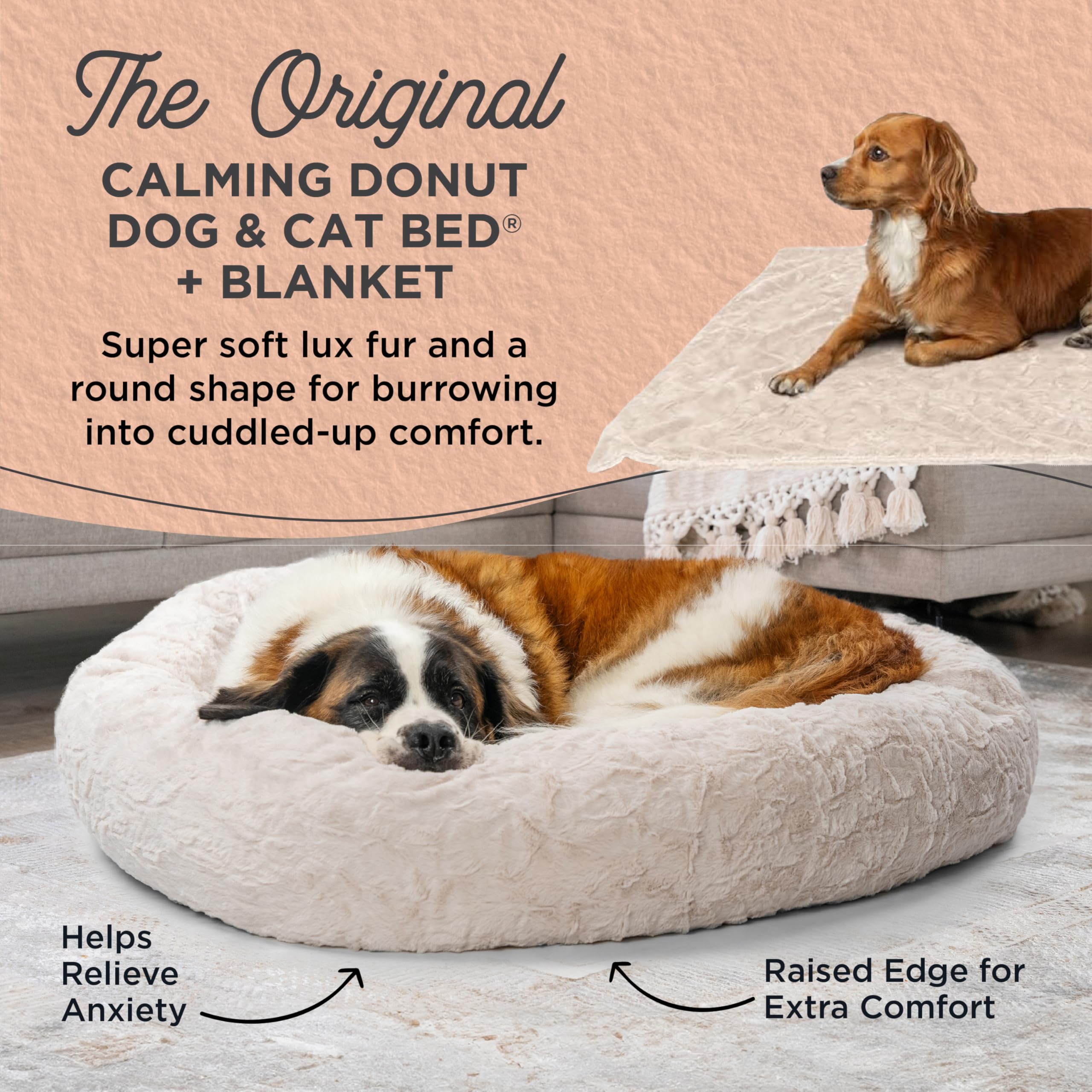 Best Friends by Sheri Bundle Set The Original Calming Lux Donut Cuddler Cat and Dog Bed + Pet Throw Blanket Oyster Extra Large 4