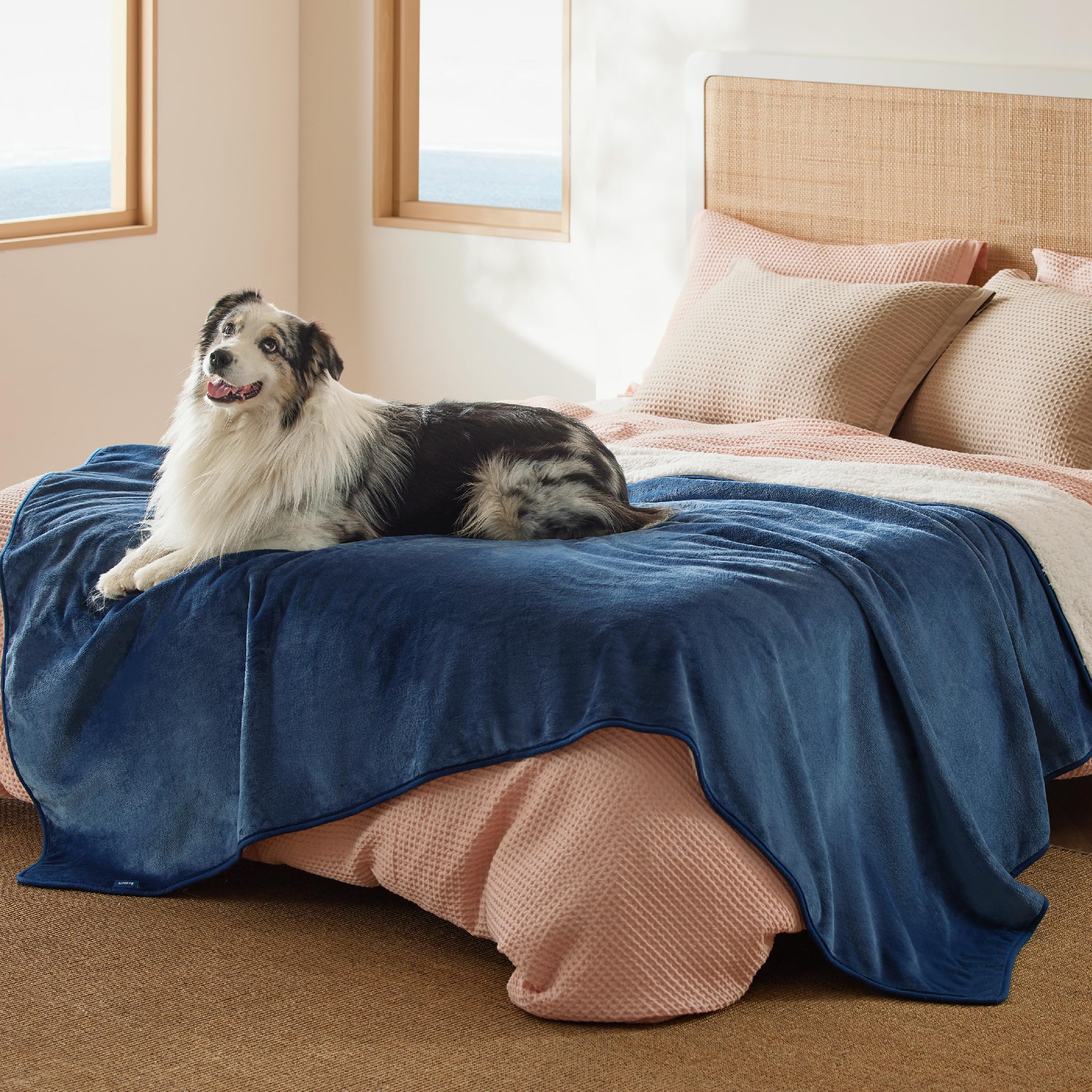 Bedsure Waterproof Blanket For Bed - Sherpa Fleece Waterproof Dog Blankets For Large Dogs, Pet Blankets For Bed/Couch/Dog Crate, Soft Plush Reversible Furniture Protector, Twin Size, 80'X60', Blue