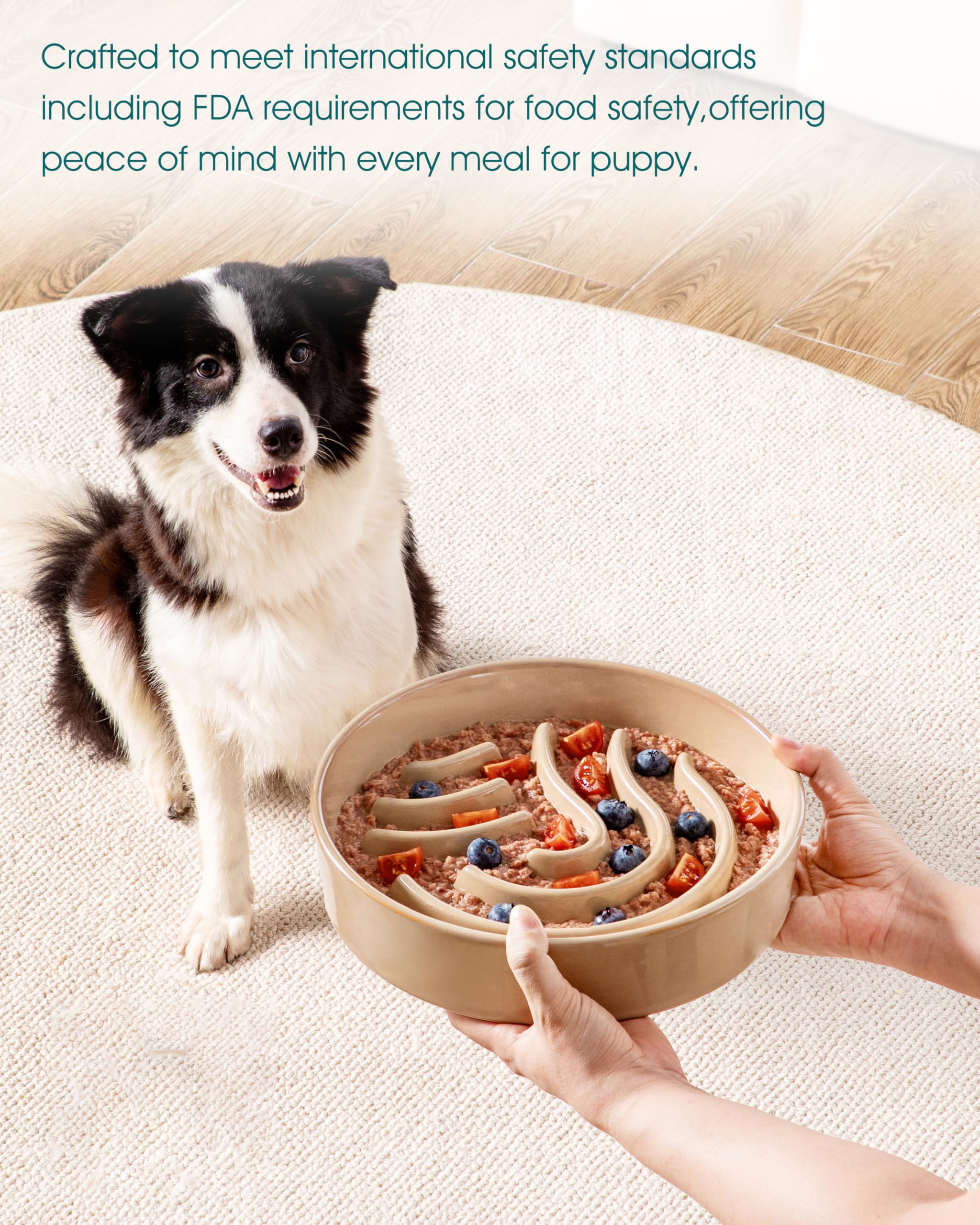 vancasso Slow Feeder Dog Bowl, 3 Cup Ceramic Slow Feeding Food Dish for Large Breed, Puzzle Dog Food Bowl for Fast Eater, Brown